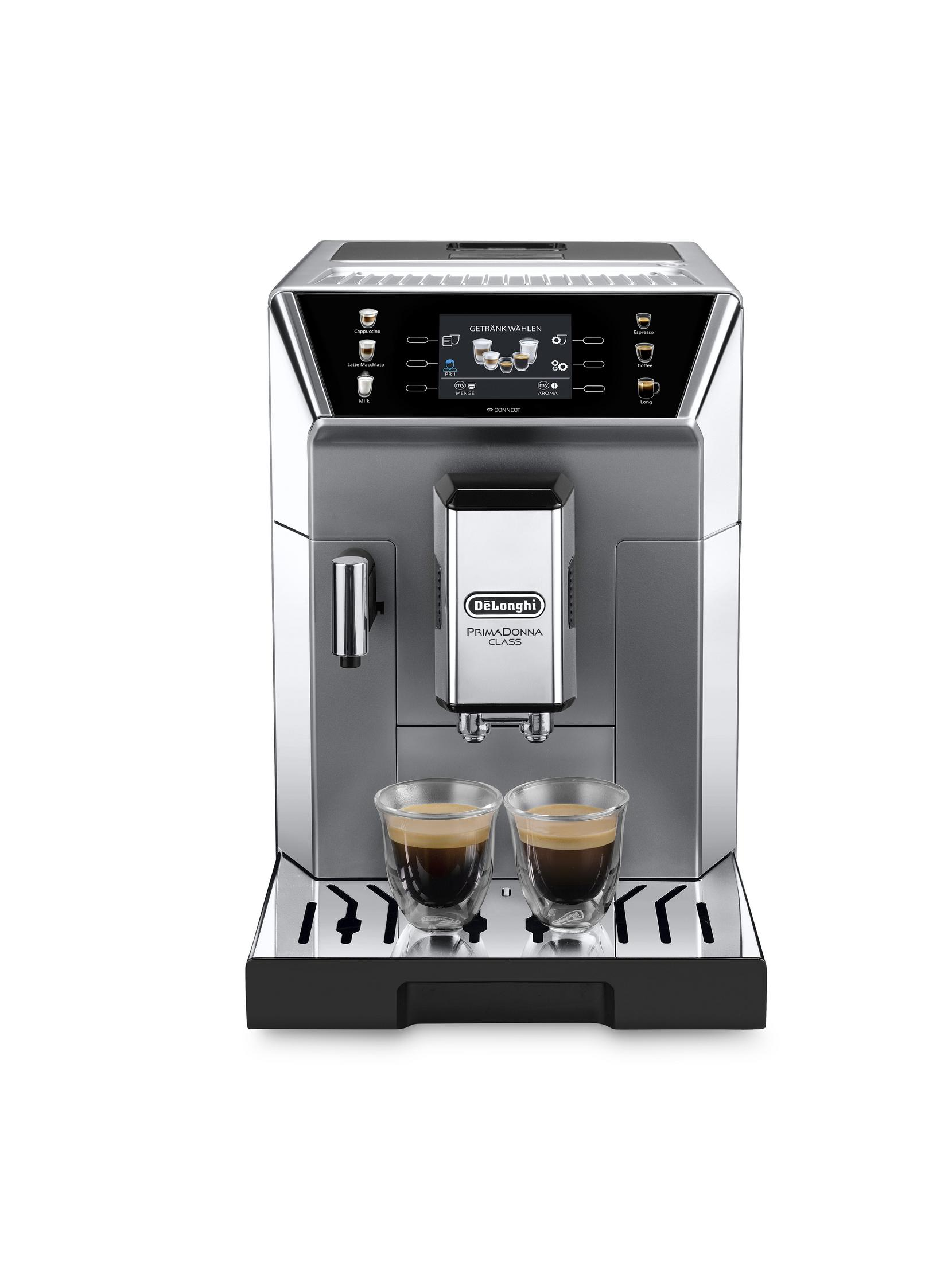 Delonghi PrimaDonna Class Kaffeemaschine, mit zwei Kaffeegläsern davor.