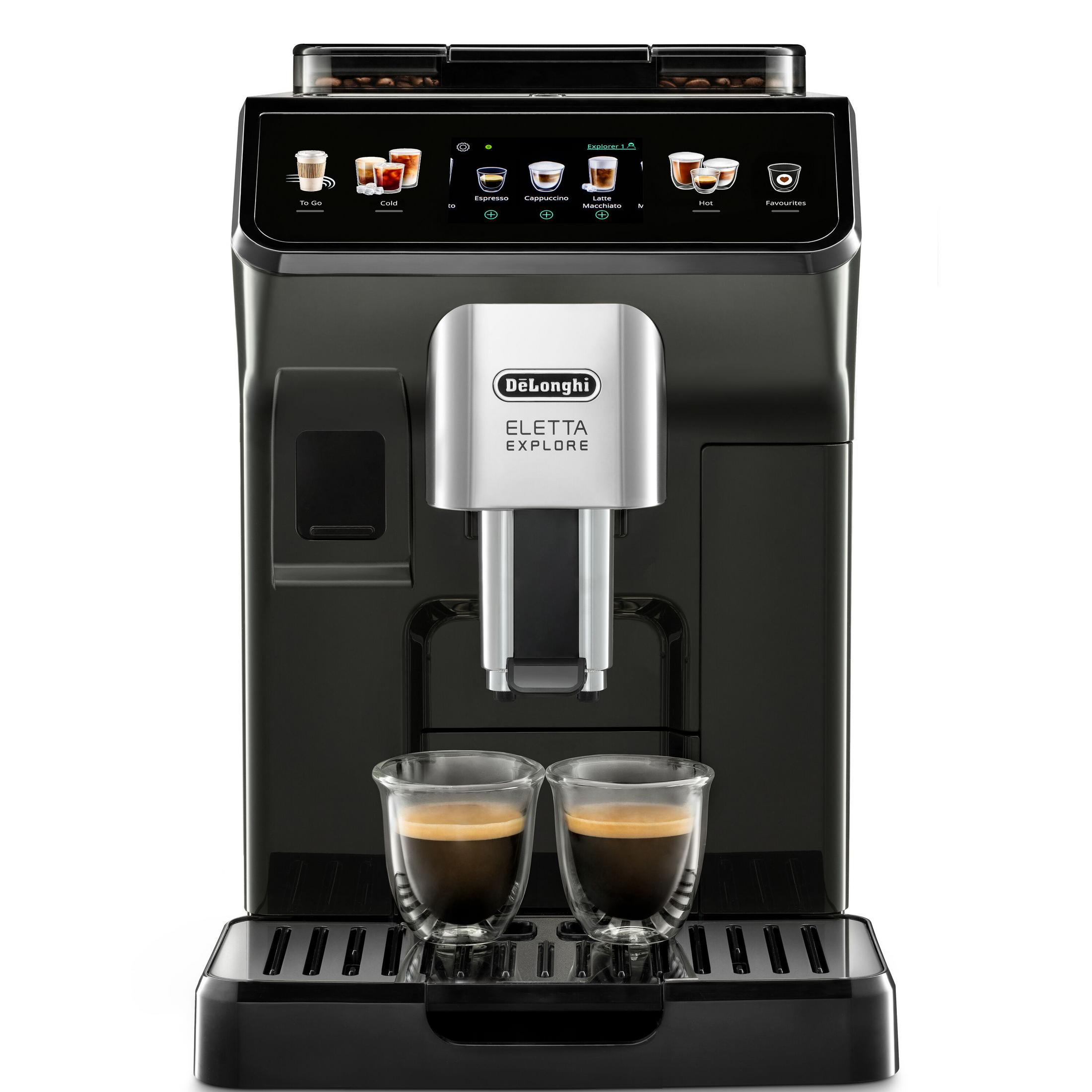 Black De'Longhi Eletta Explore coffee machine with a touch screen display.