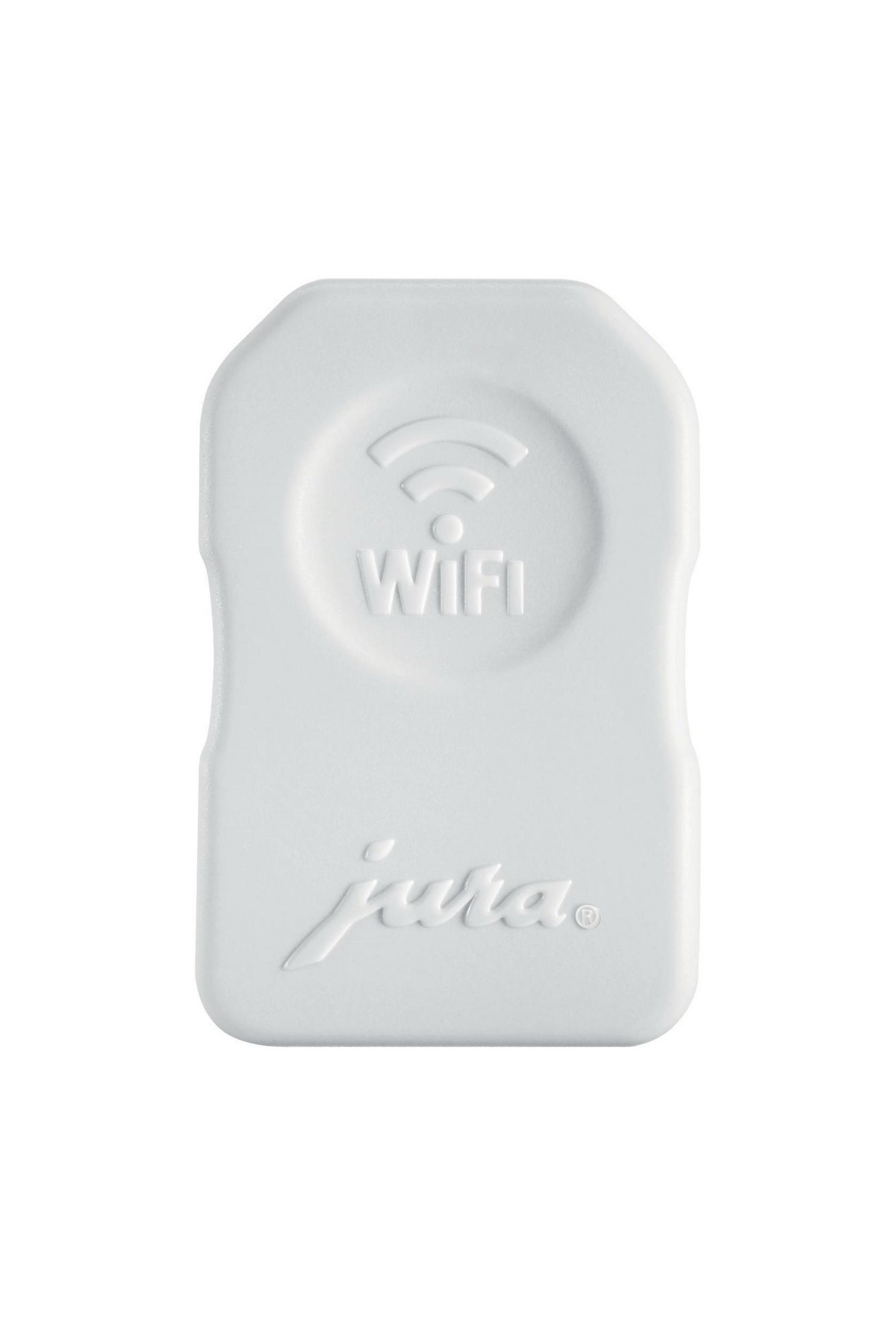Białe złącze WiFi Jura z symbolem WiFi i logo Jura na białym tle.