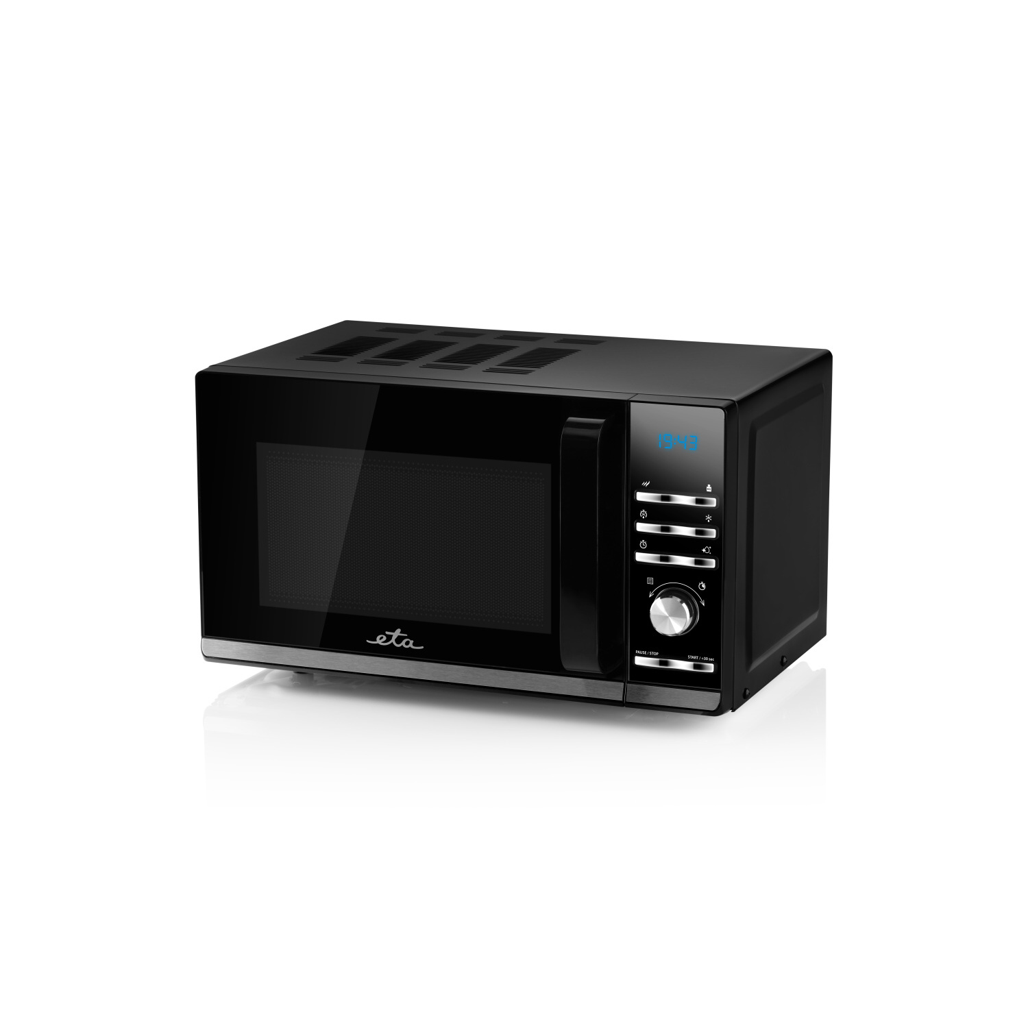 Forno a microonde nero con display digitale e pannello di controllo.