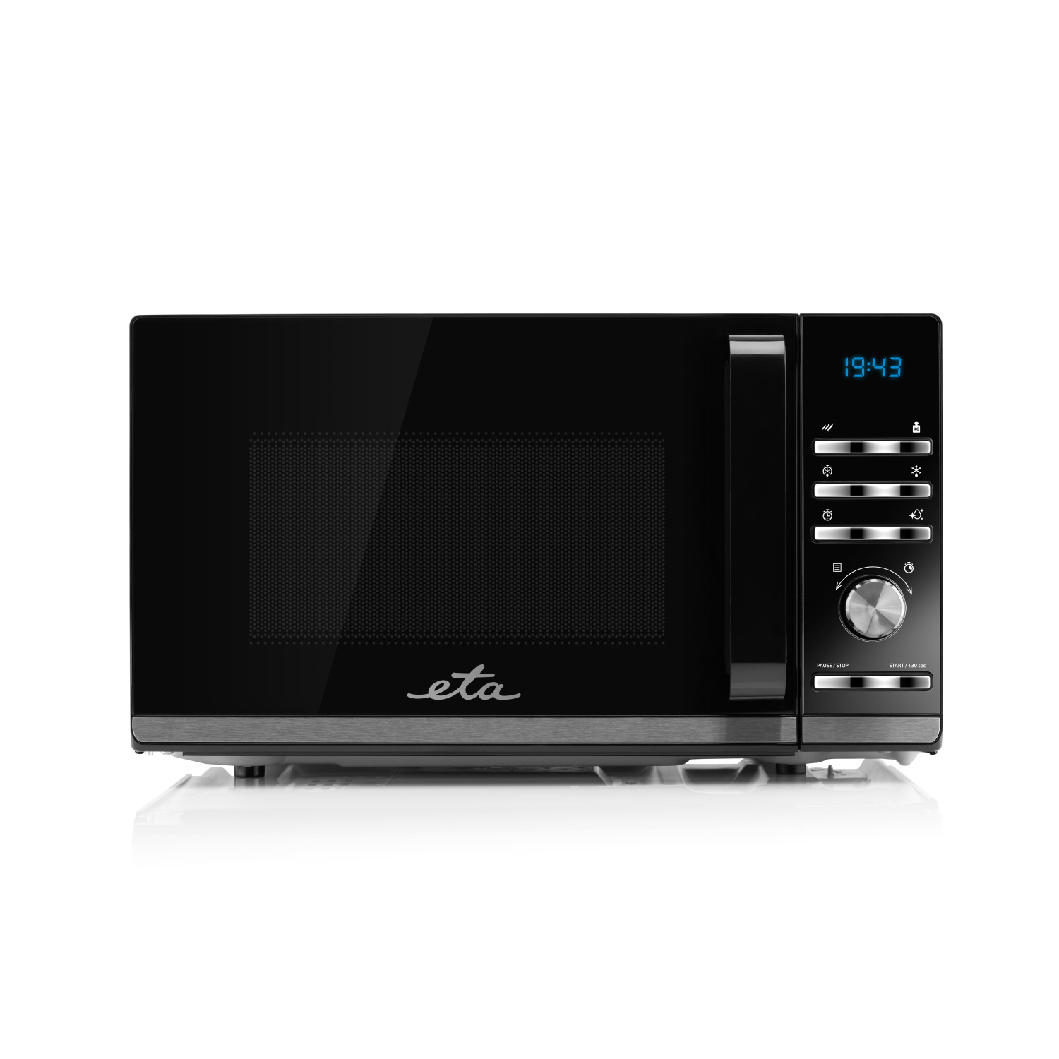 Forno a microonde nero con display digitale e pannello di controllo, su superficie bianca.