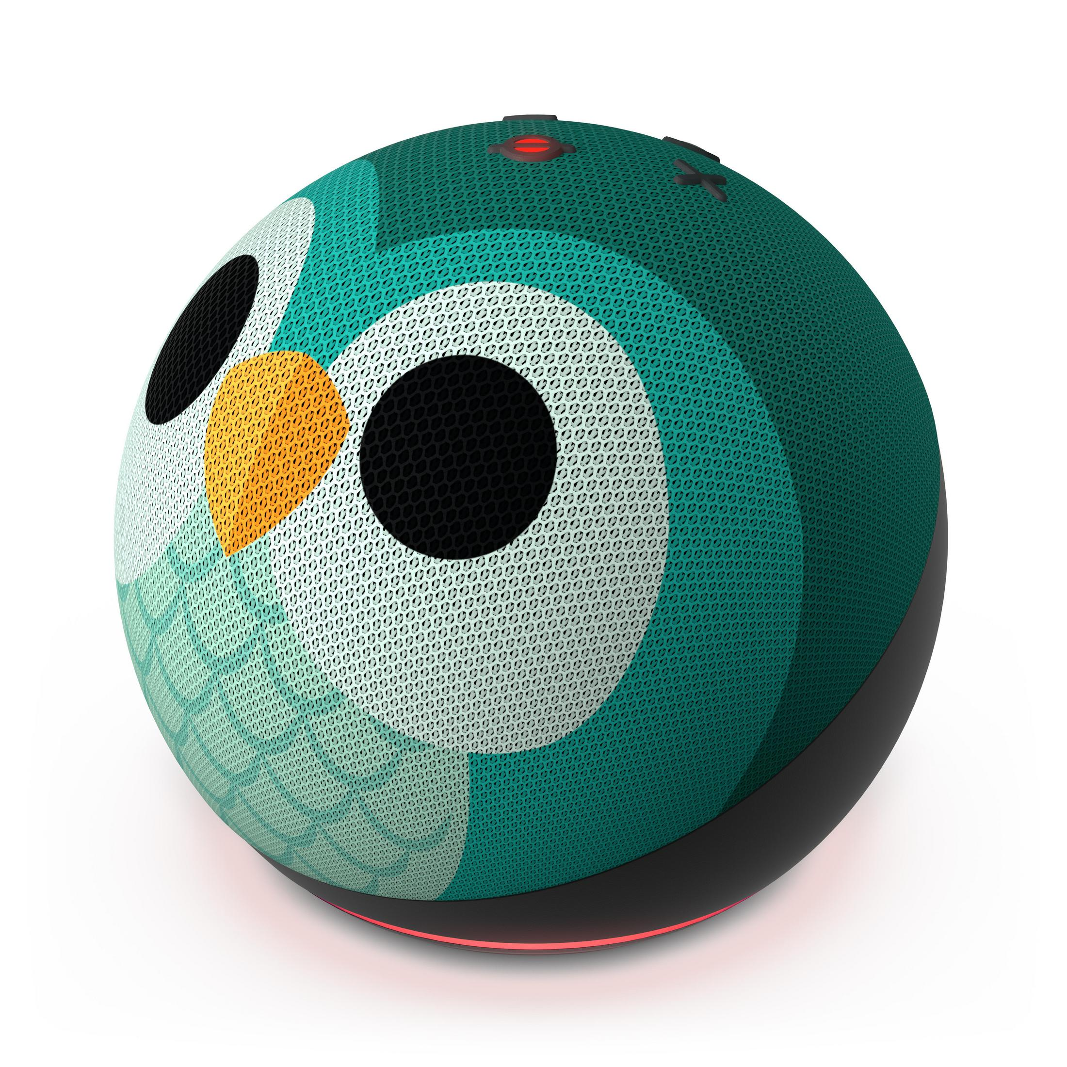 Een ronde, uil-thema speaker met een teal body, zwarte ogen, oranje snavel en een rode basis.