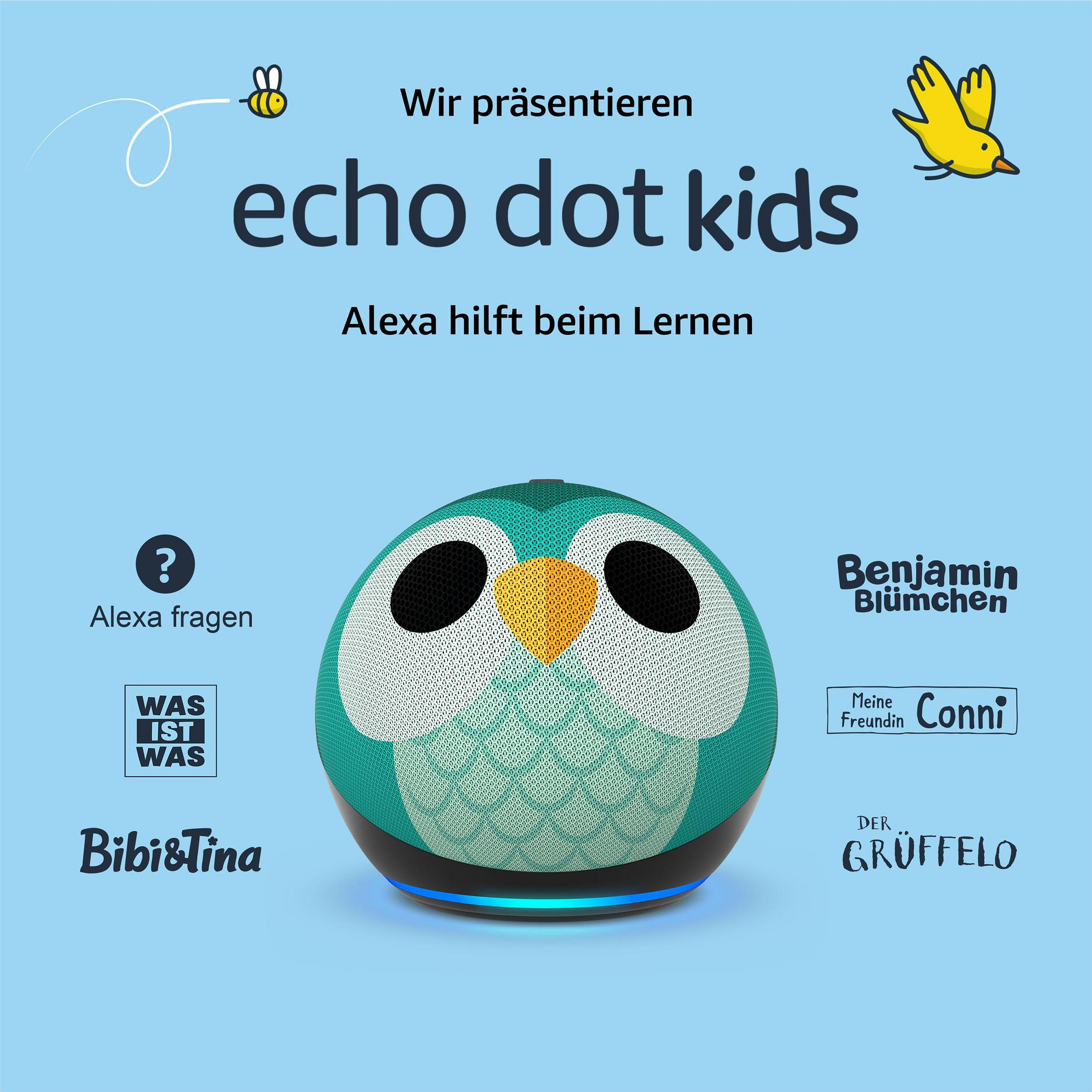 Echo Dot Kids in uilvorm, tekst, cartoonfiguren op lichtblauwe achtergrond.