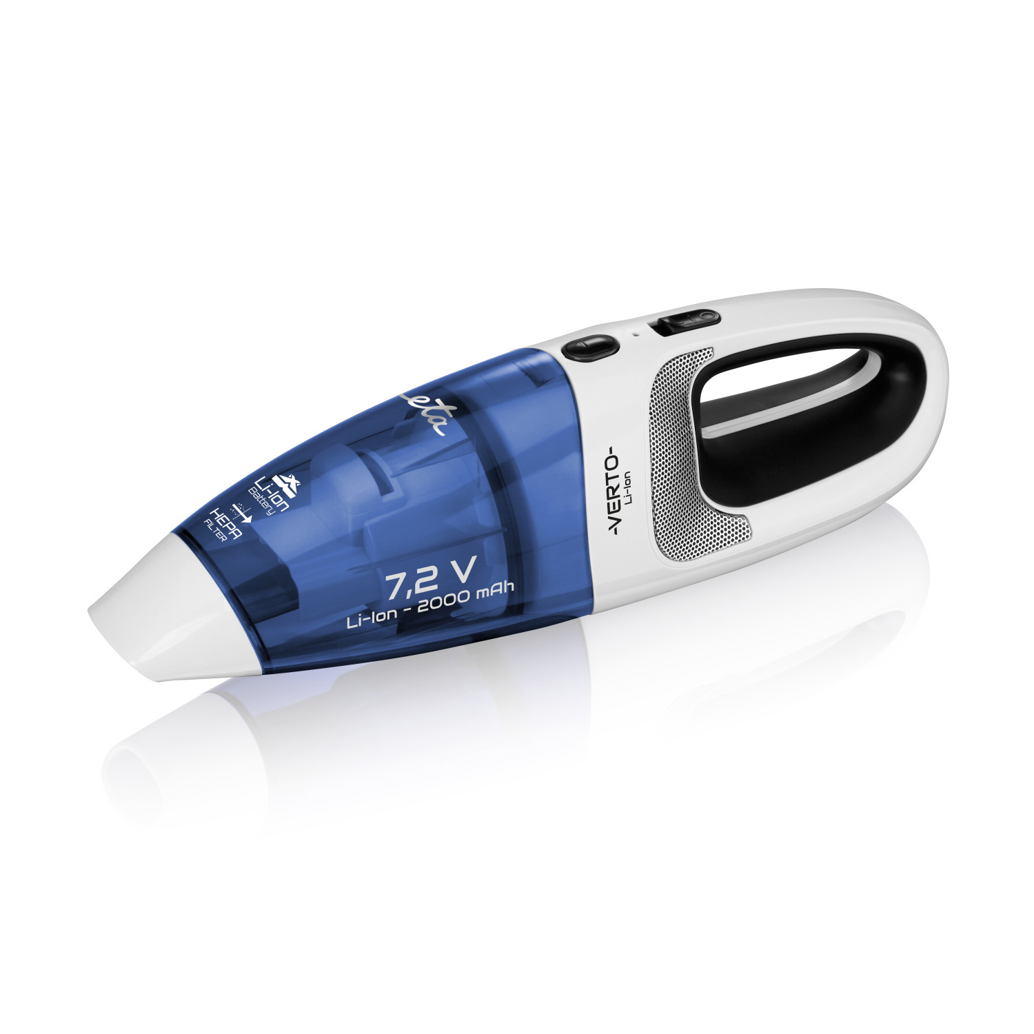Aspirateur à main blanc et bleu.