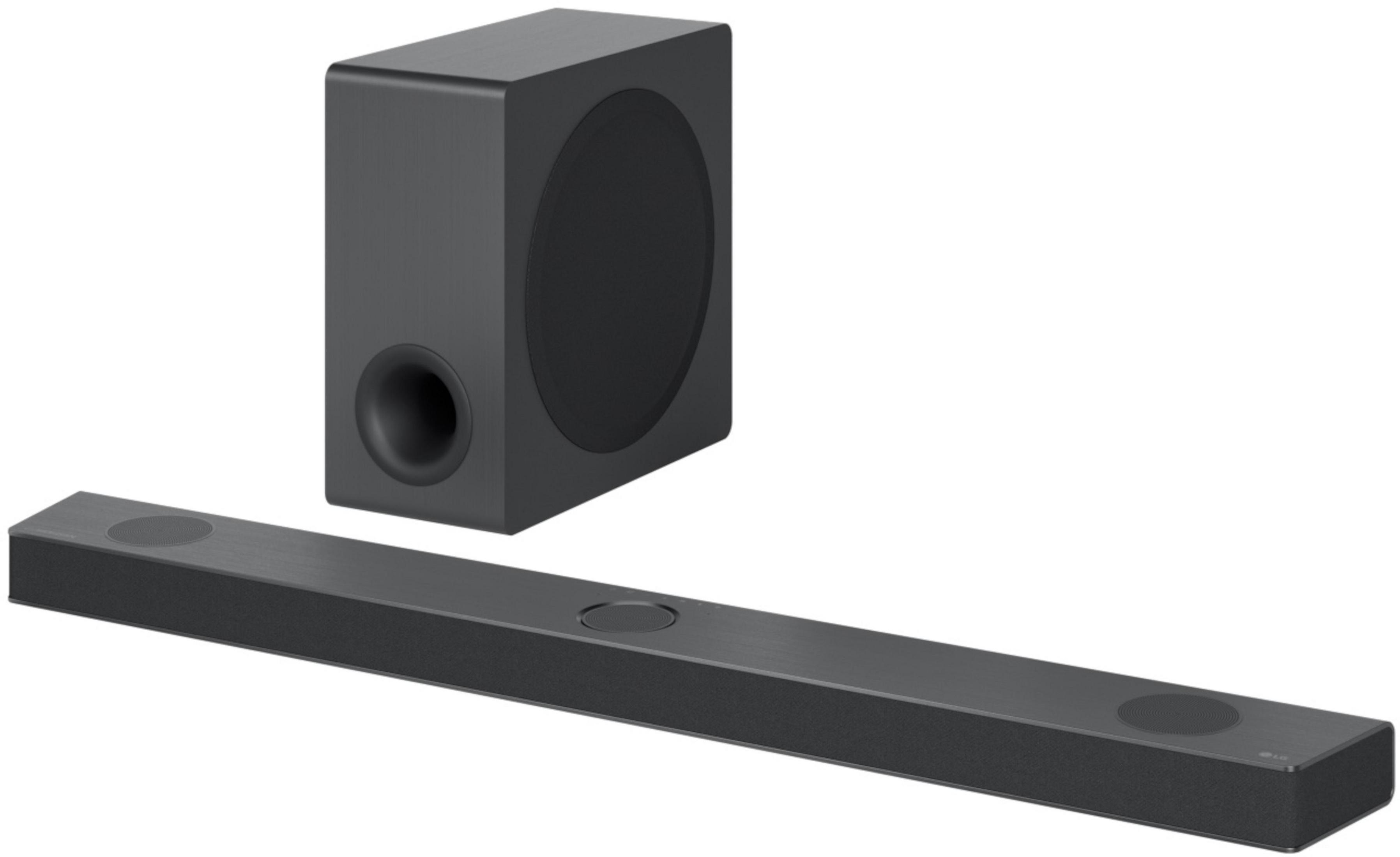 Ein schwarzes Soundbar- und Subwoofer-Set. Die Soundbar ist lang und dünn, mit zwei Lautsprechern an jedem Ende.
