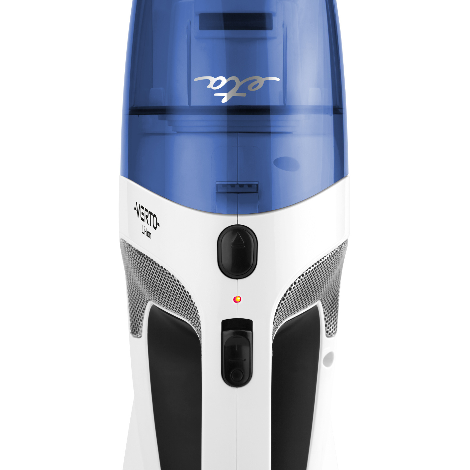 Gros plan d'un aspirateur à main blanc et bleu avec la marque 'eta'.