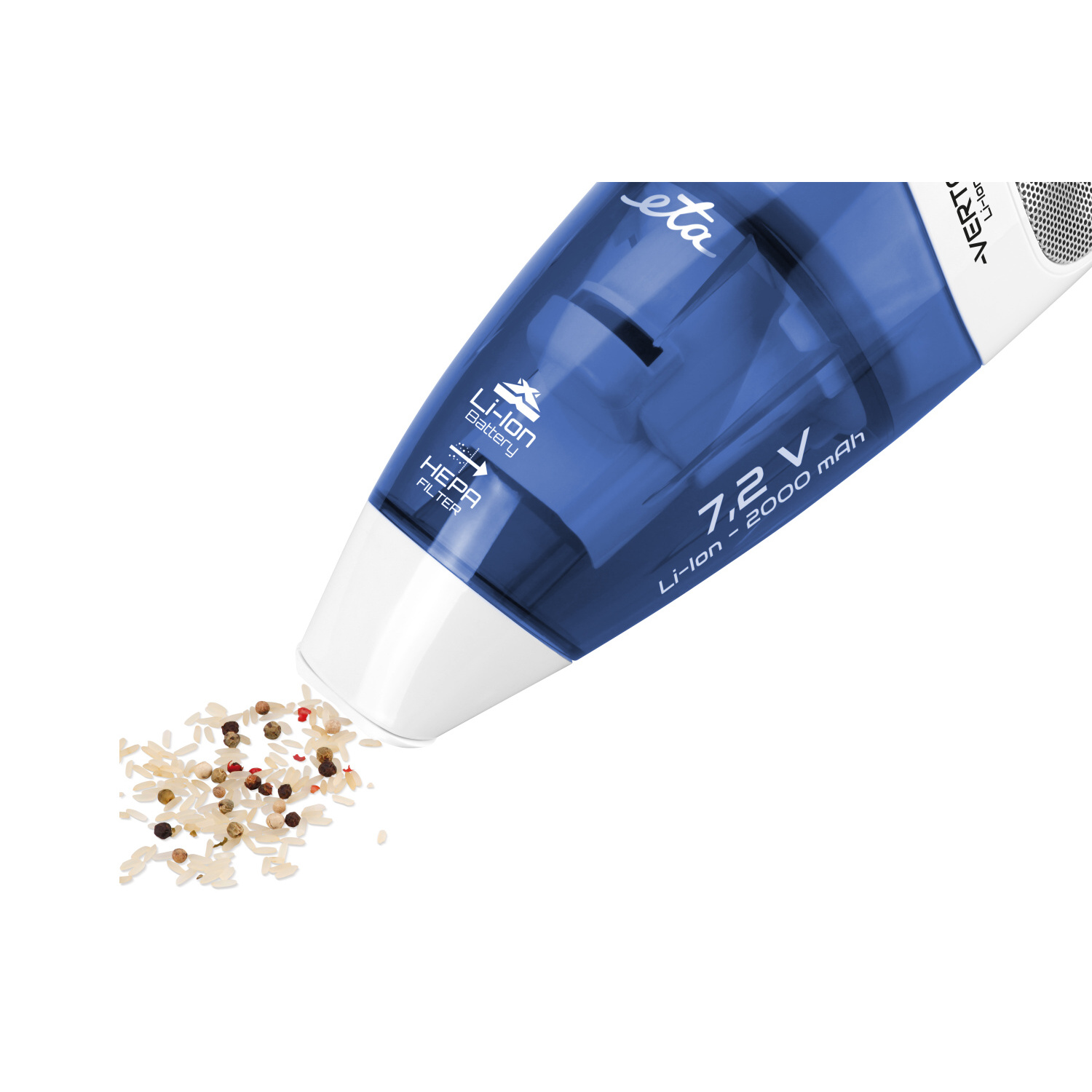 Un aspirateur à main bleu et blanc nettoie les grains et le poivre renversés.