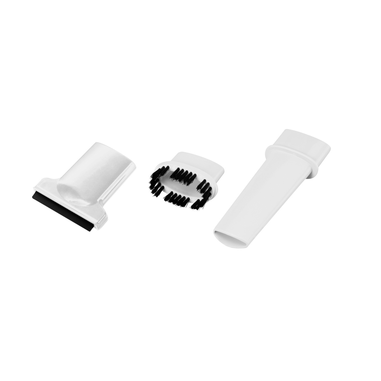 Accessoires d'aspirateur : une buse plate, une brosse et une buse conique sur fond blanc.
