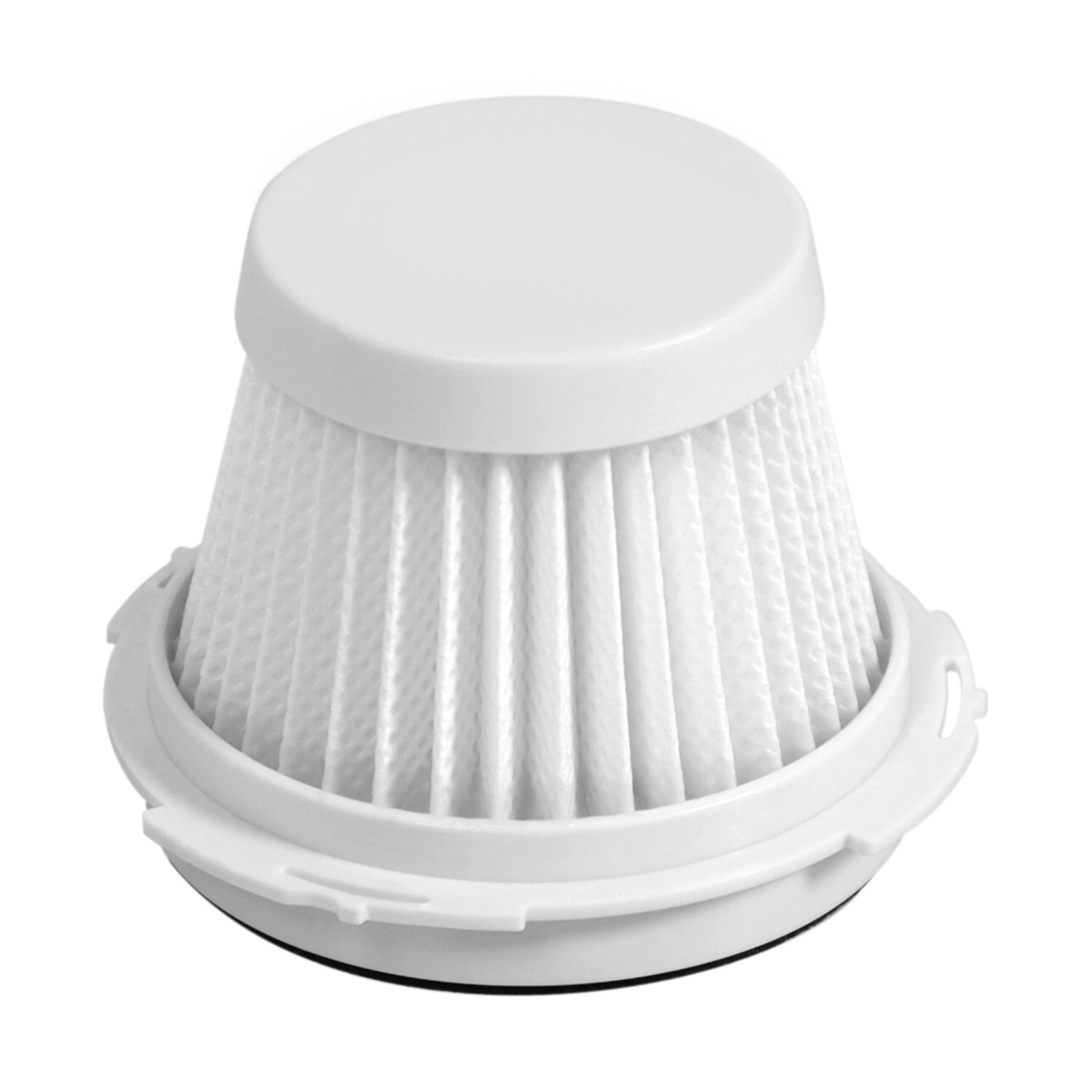 Filtre d'aspirateur blanc, en forme de cône, avec du papier filtre plissé à l'intérieur et une base ronde.