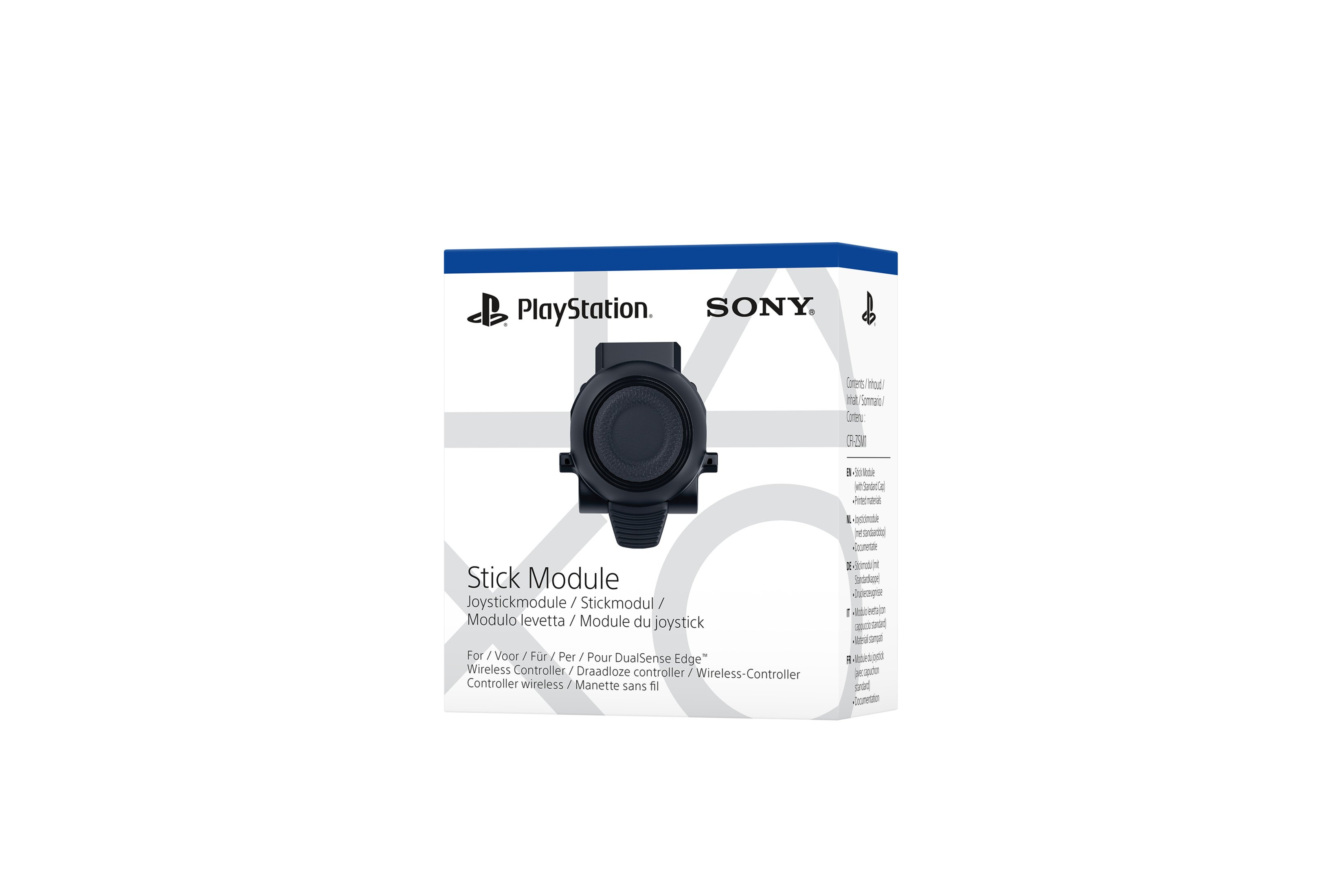 Scatola con un modulo joystick nero per PlayStation, con testo sul prodotto.