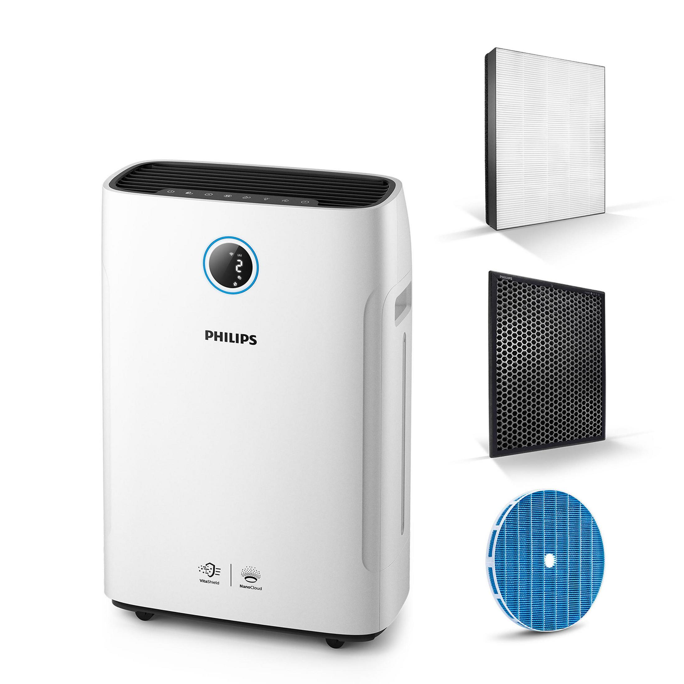 Purificador de aire blanco con filtros. Se muestran múltiples filtros.