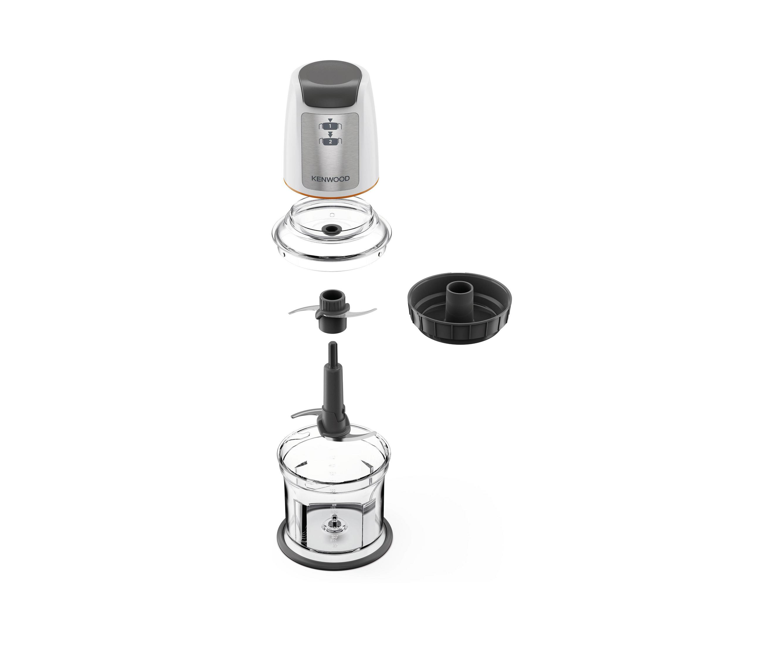 Zerlegter Kenwood-Zerkleinerer. Komponenten umfassen Motor, Klingen und Behälter.