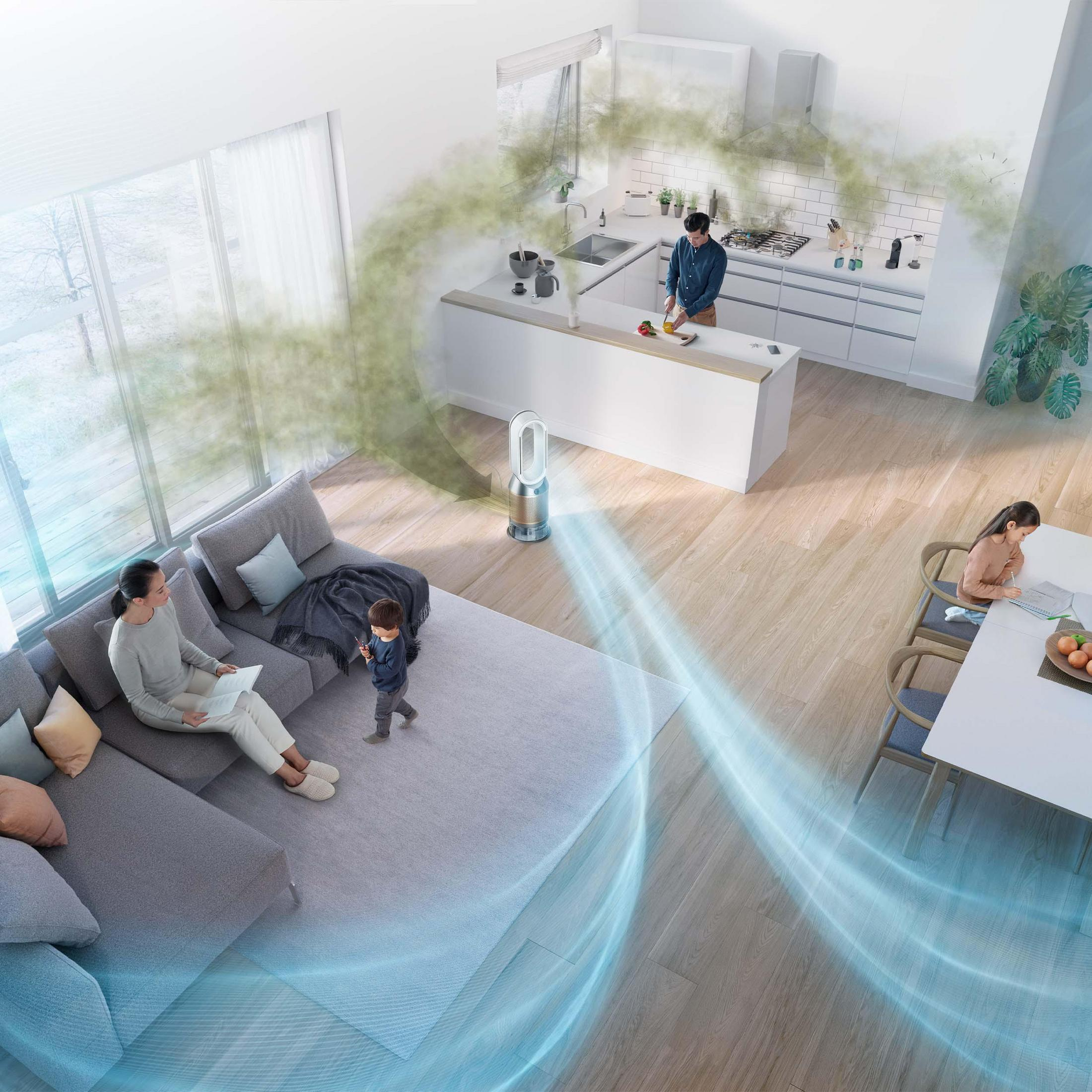 Een gezin in een modern huis, met een luchtreiniger en Dyson-ventilator op de achtergrond, en groene rook.
