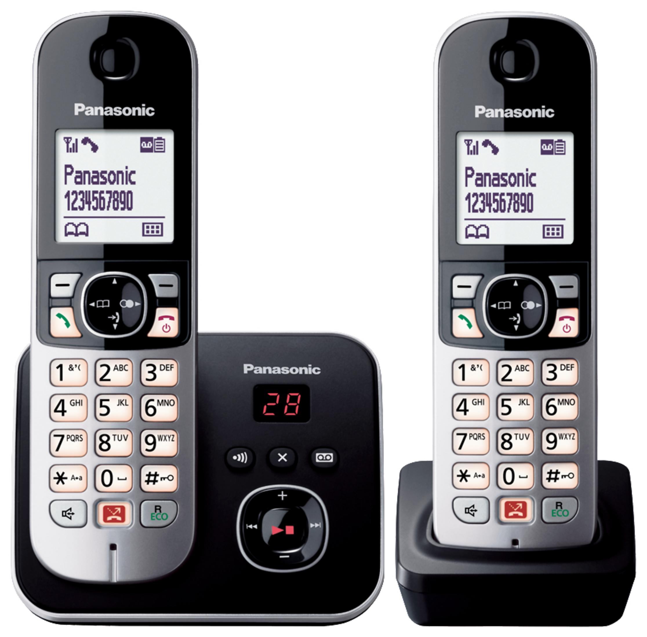 Zwei schnurlose Panasonic-Telefone mit einer Basisstation, die die Nummer 28 zeigt.