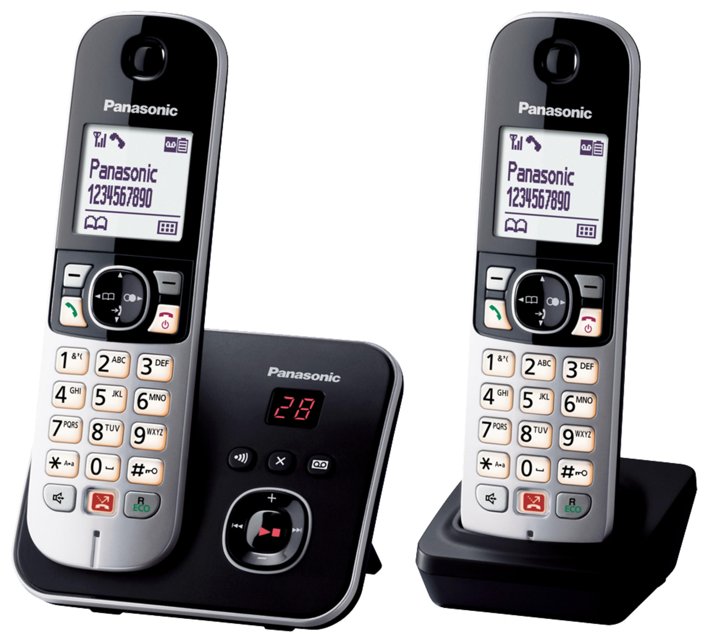 Zwei schnurlose Panasonic-Telefone mit Basisstation, die Zahlen auf dem Bildschirm anzeigen.