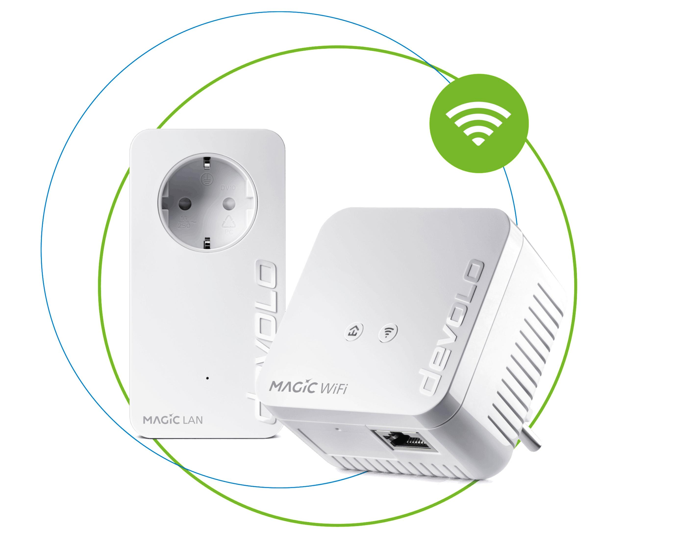 Biały adapter WiFi devolo Magic, dwie części, jedna z wtyczką. Zielone koło.