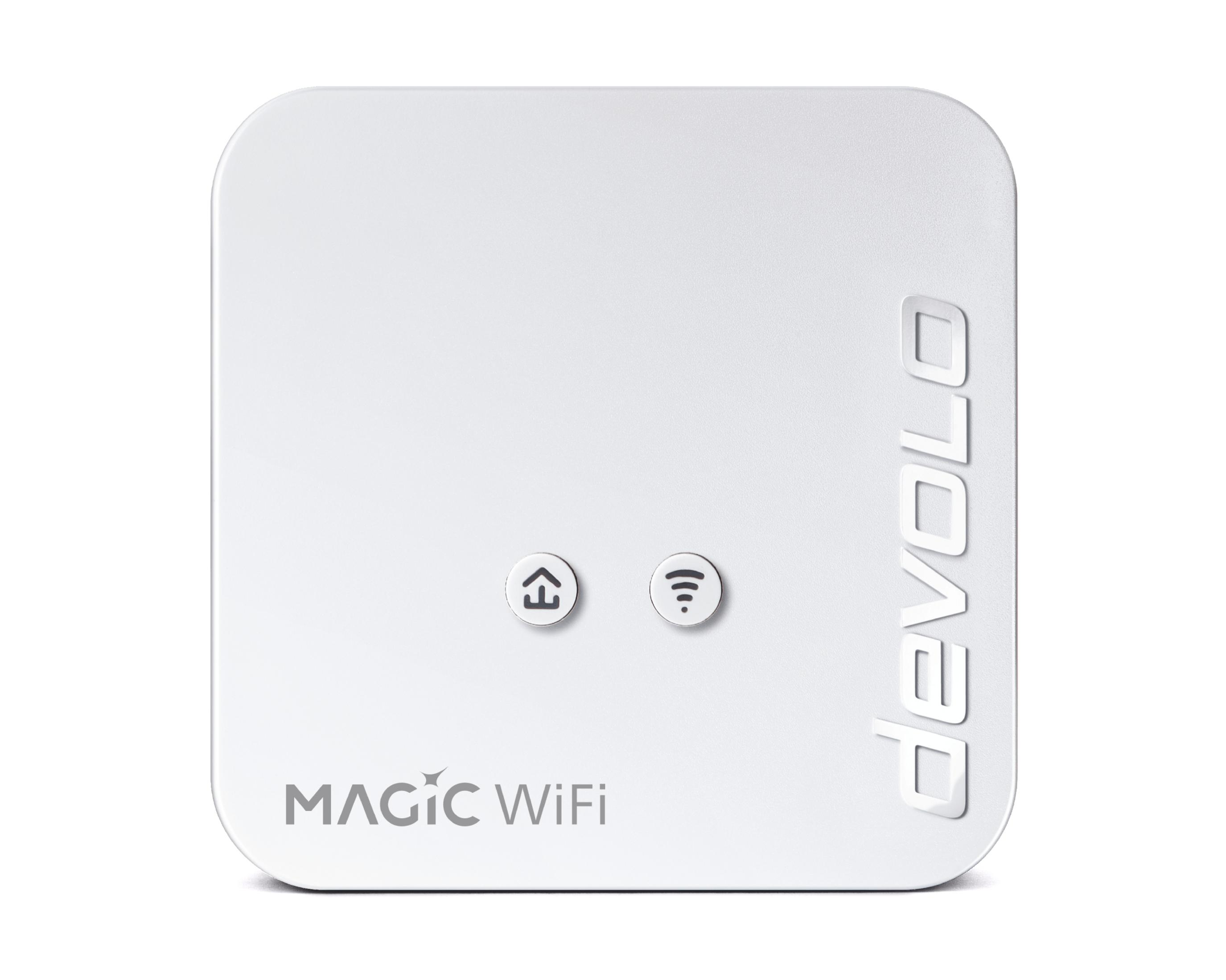 Białe kwadratowe urządzenie z dwoma przyciskami i słowami "devolo" i "MAGIC WiFi".