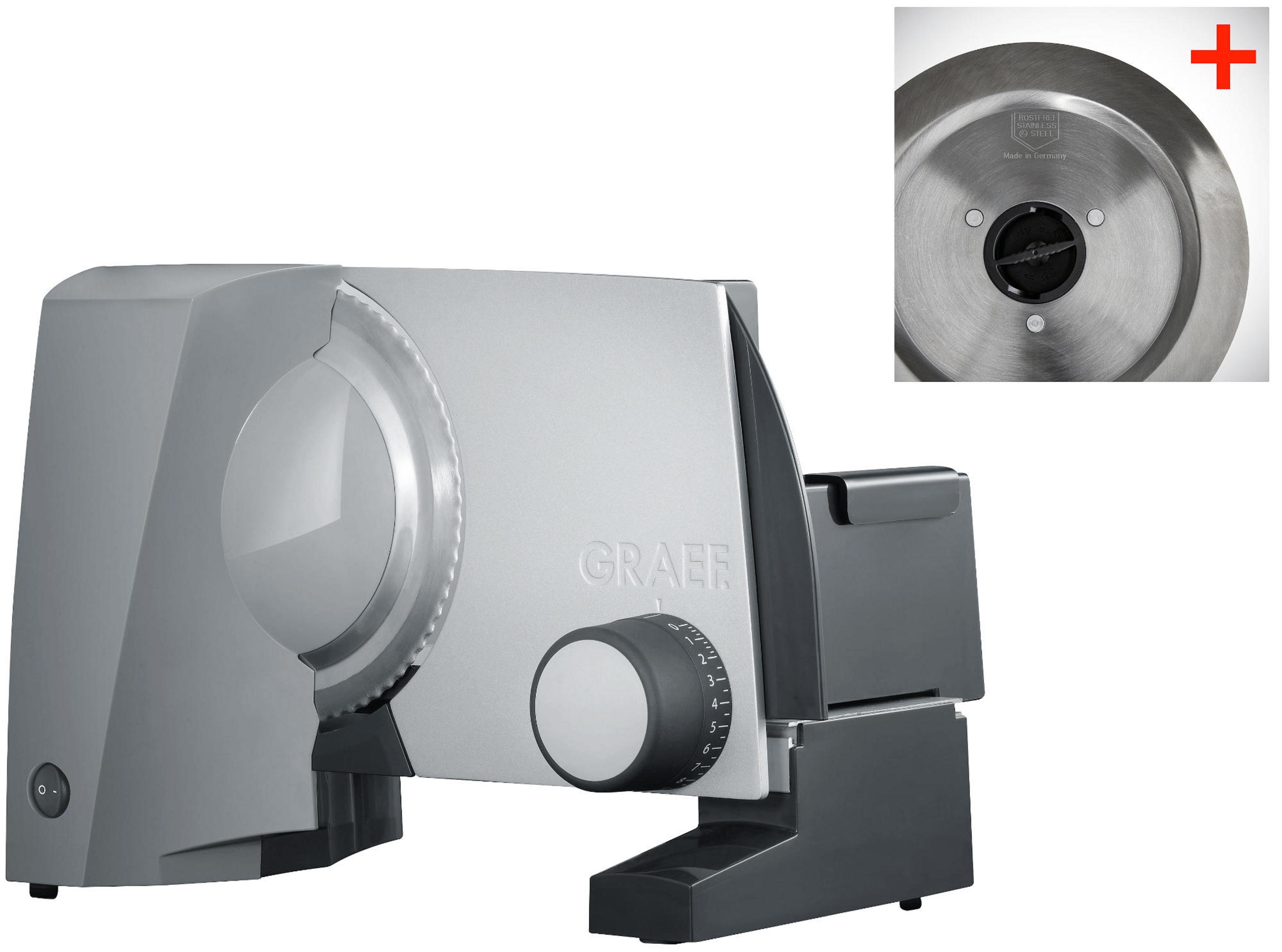 Srebrno-czarna krajalnica do mięsa Graef z zbliżeniem ostrza.