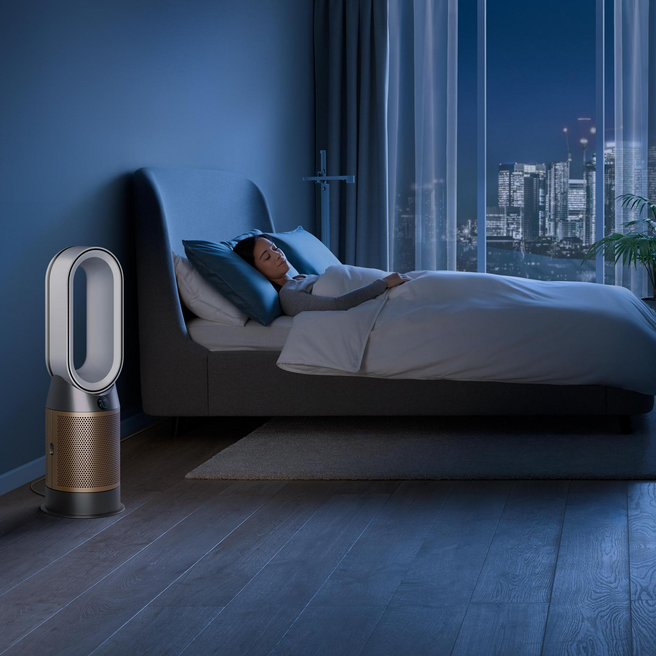 Eine schlafende Frau in einem Bett mit einem Dyson-Ventilator im Vordergrund. Nachthimmel im Hintergrund.