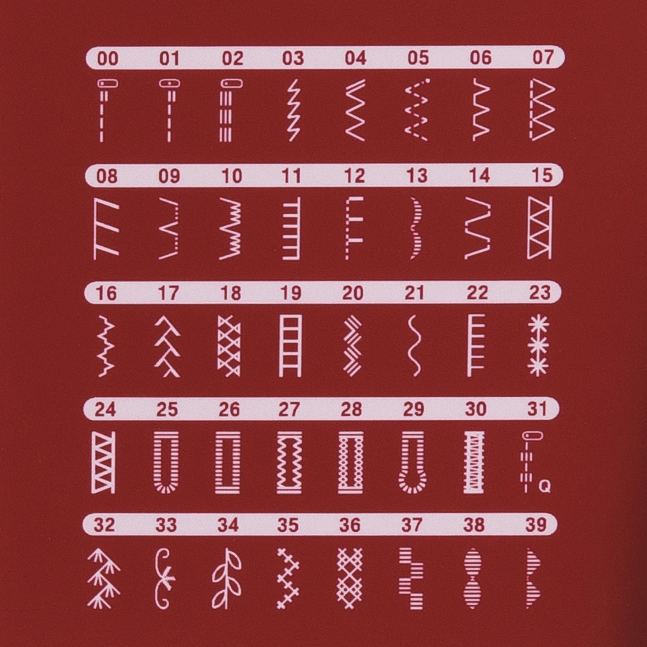 Zbliżenie wzoru tkaniny z różnymi rodzajami ściegów, ponumerowanymi od 00 do 39.