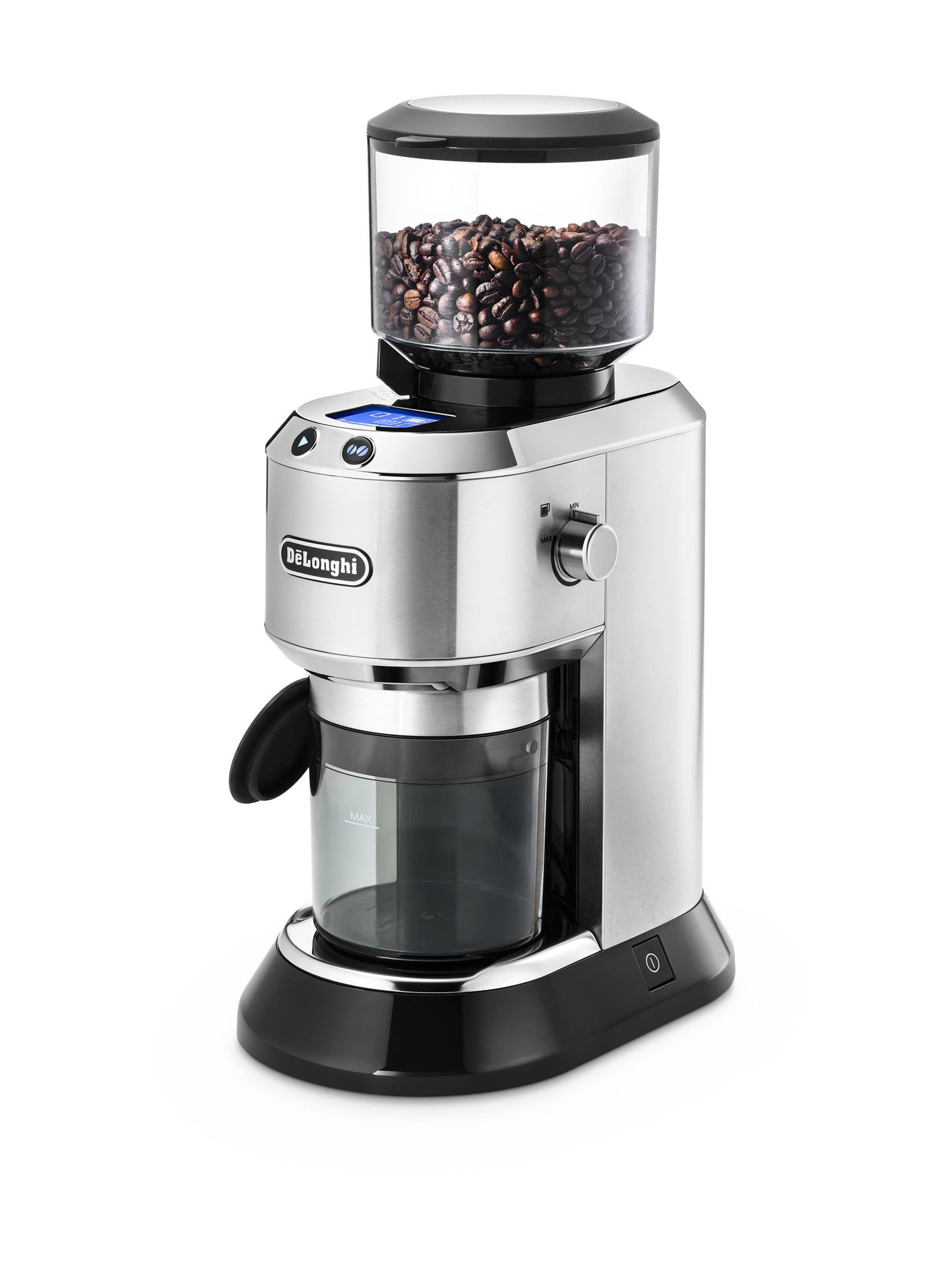 Eine De'Longhi Kaffeemühle, silber und schwarz, mit Bohnen und einem Glasbehälter.