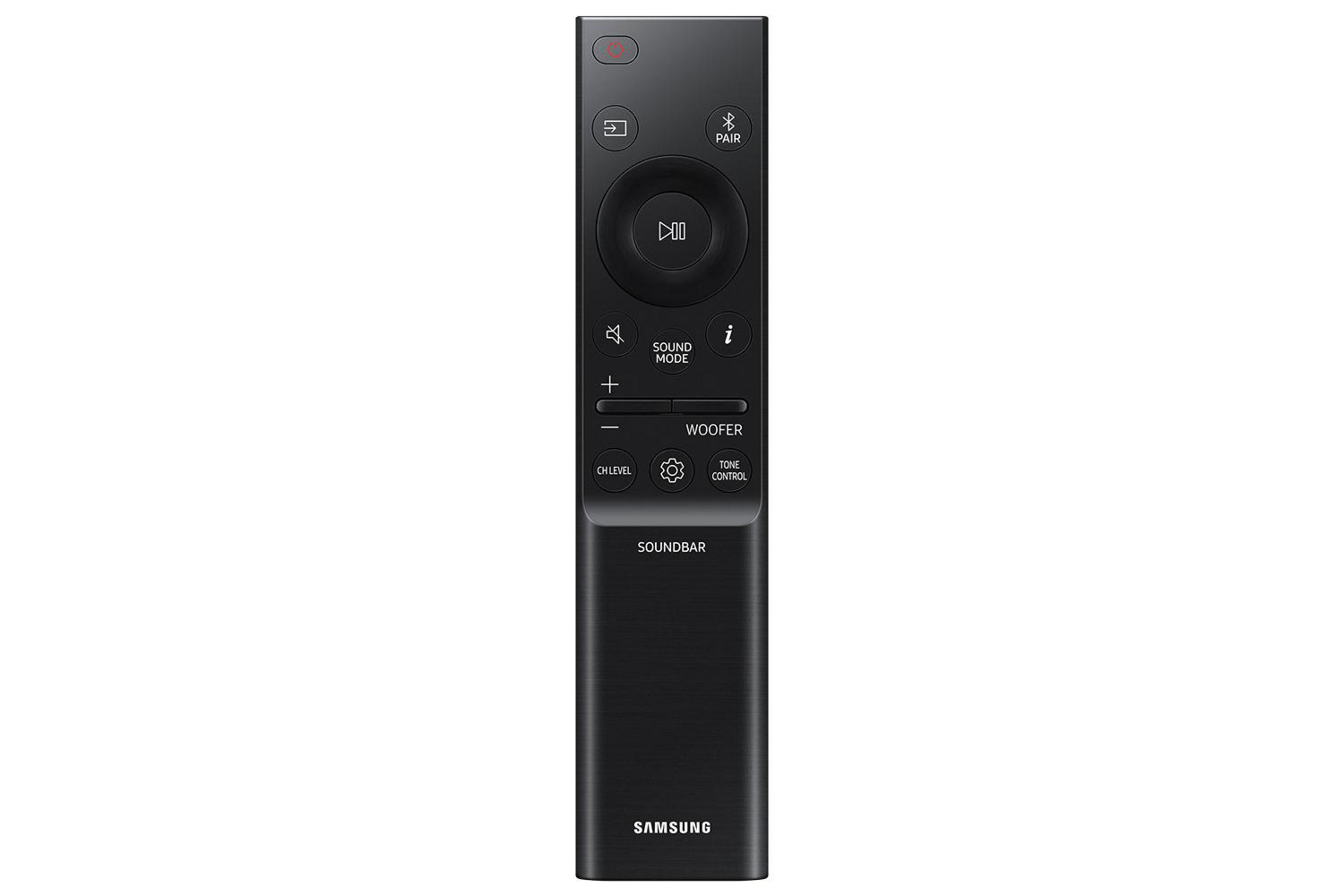 Schwarze Soundbar-Fernbedienung mit mehreren Tasten. Samsung-Logo unten.