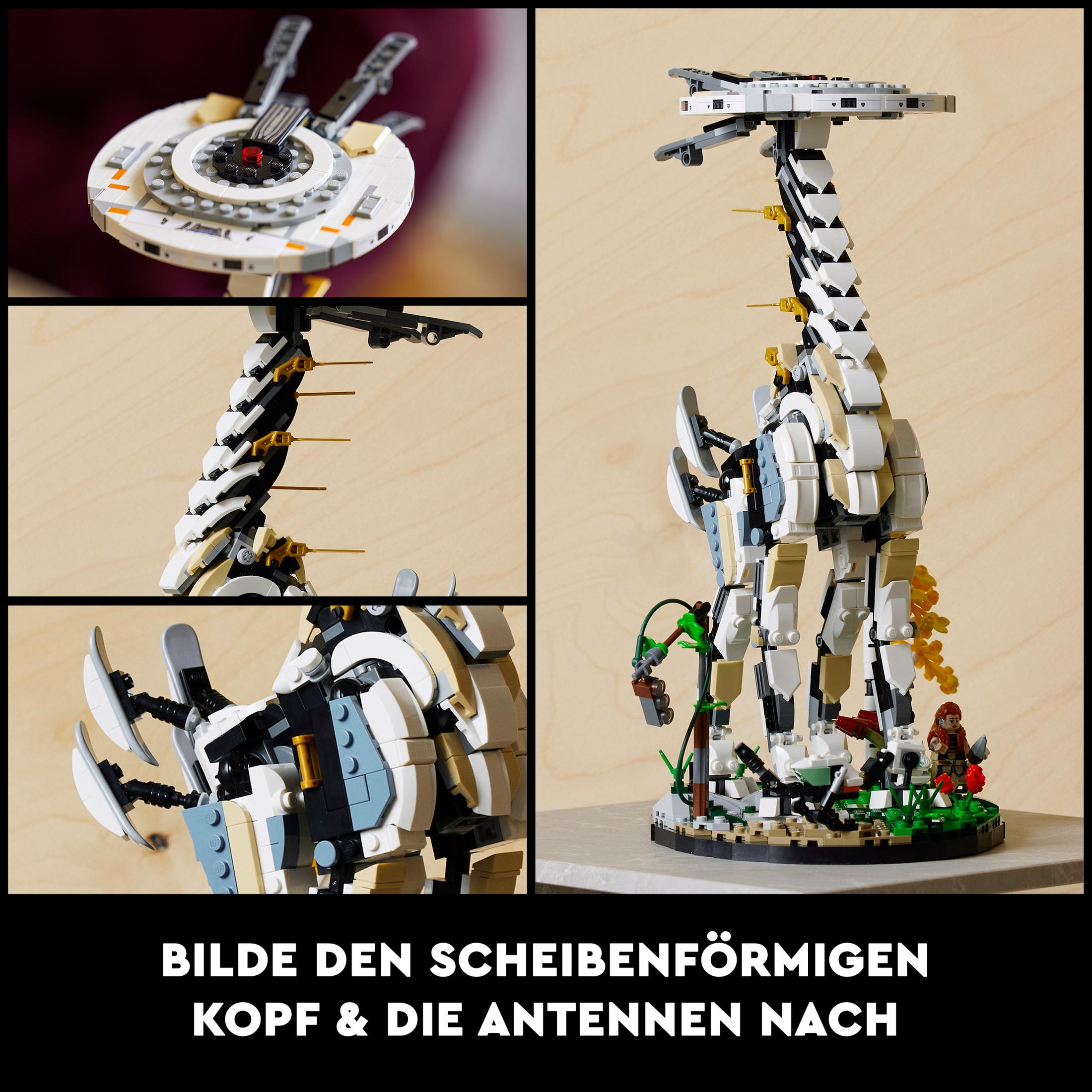 Nahaufnahme eines Lego-Giraffenmodells mit mehreren Tafeln, die seine Konstruktionsdetails zeigen.