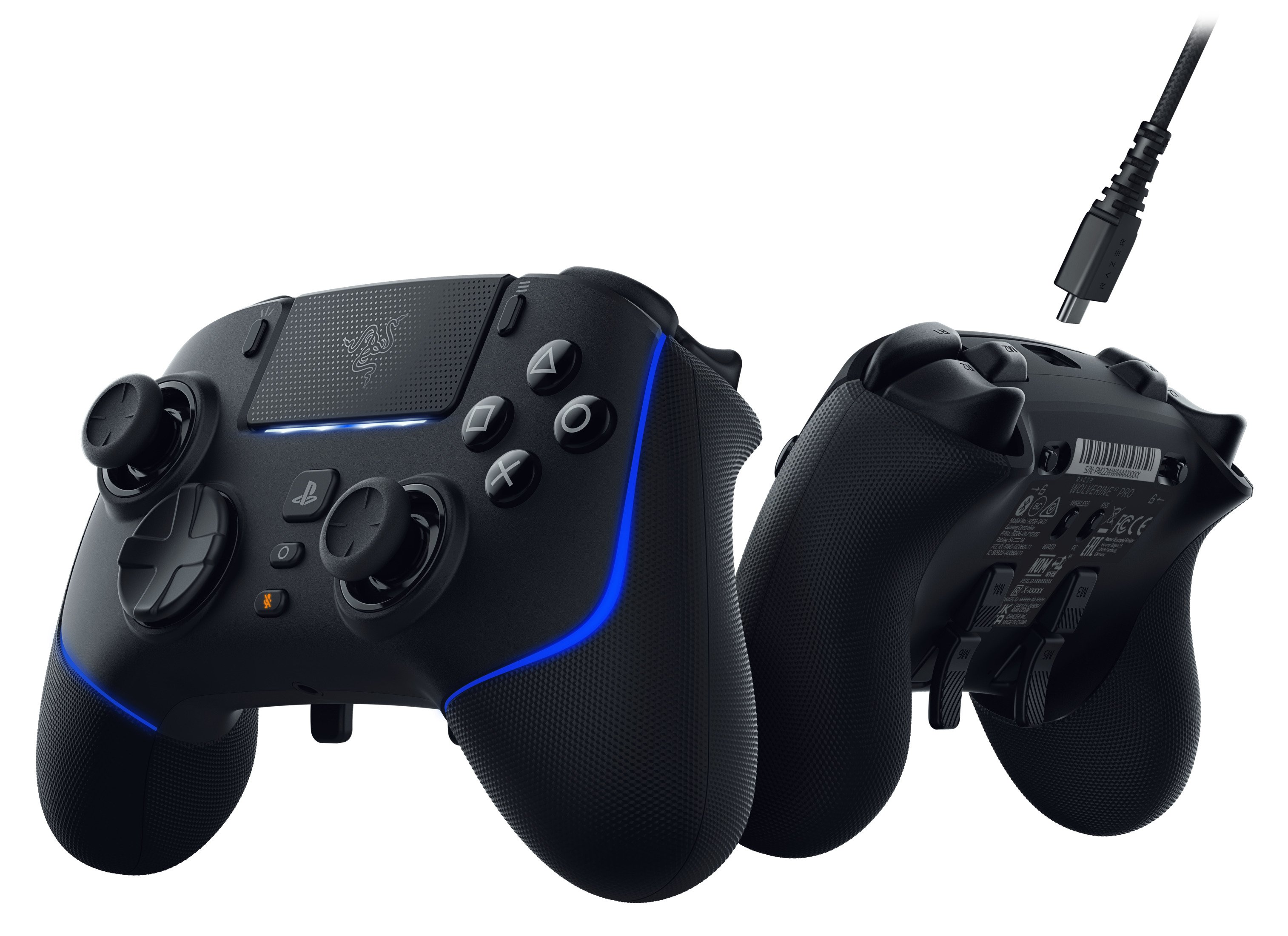 Czarny kontroler do gier z niebieskimi akcentami świetlnymi. Posiada przyciski i joysticki.