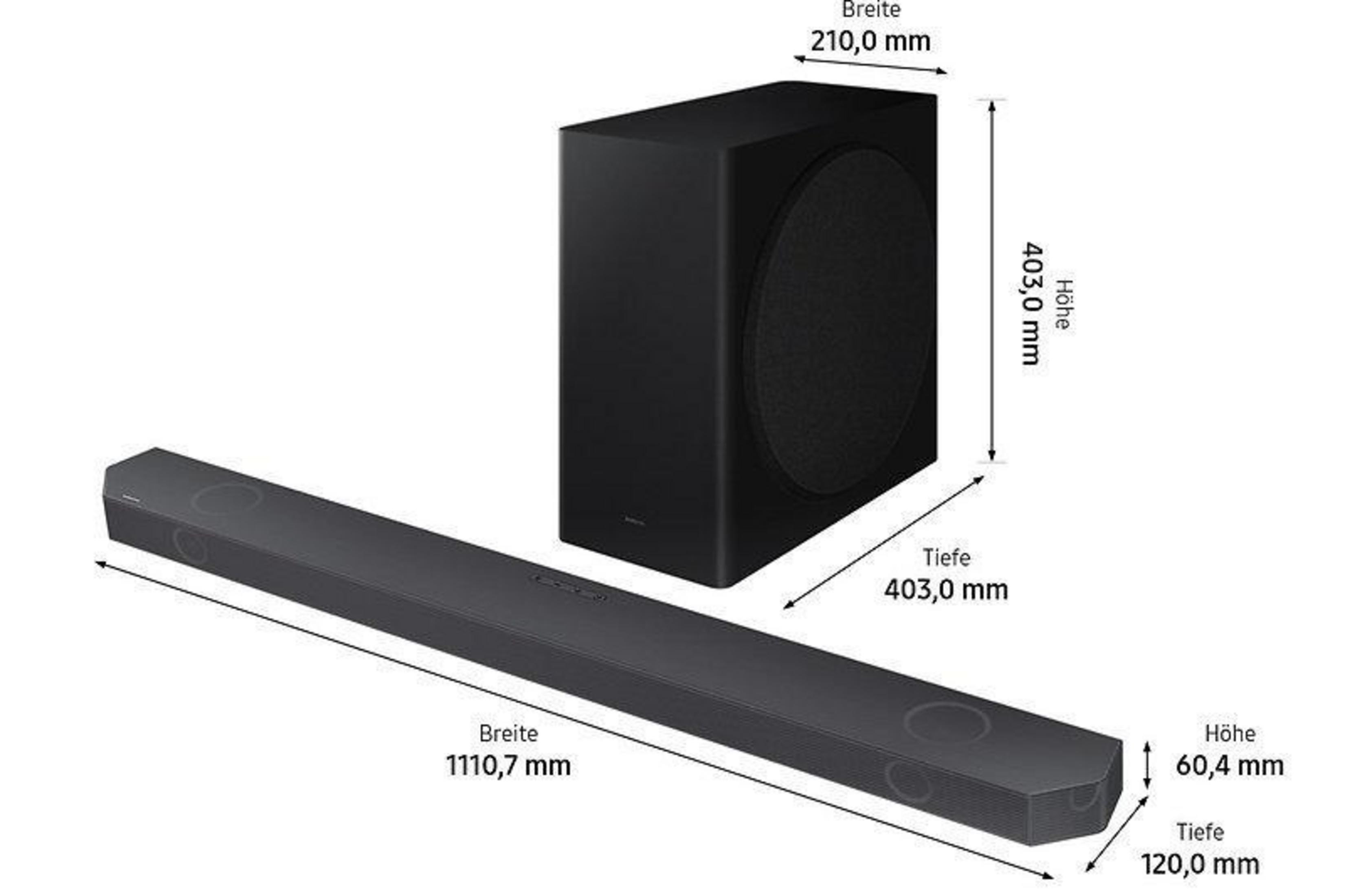 Schwarze Soundbar und Subwoofer mit beschrifteten Abmessungen. Die Soundbar ist lang, der Subwoofer ist ein Würfel.