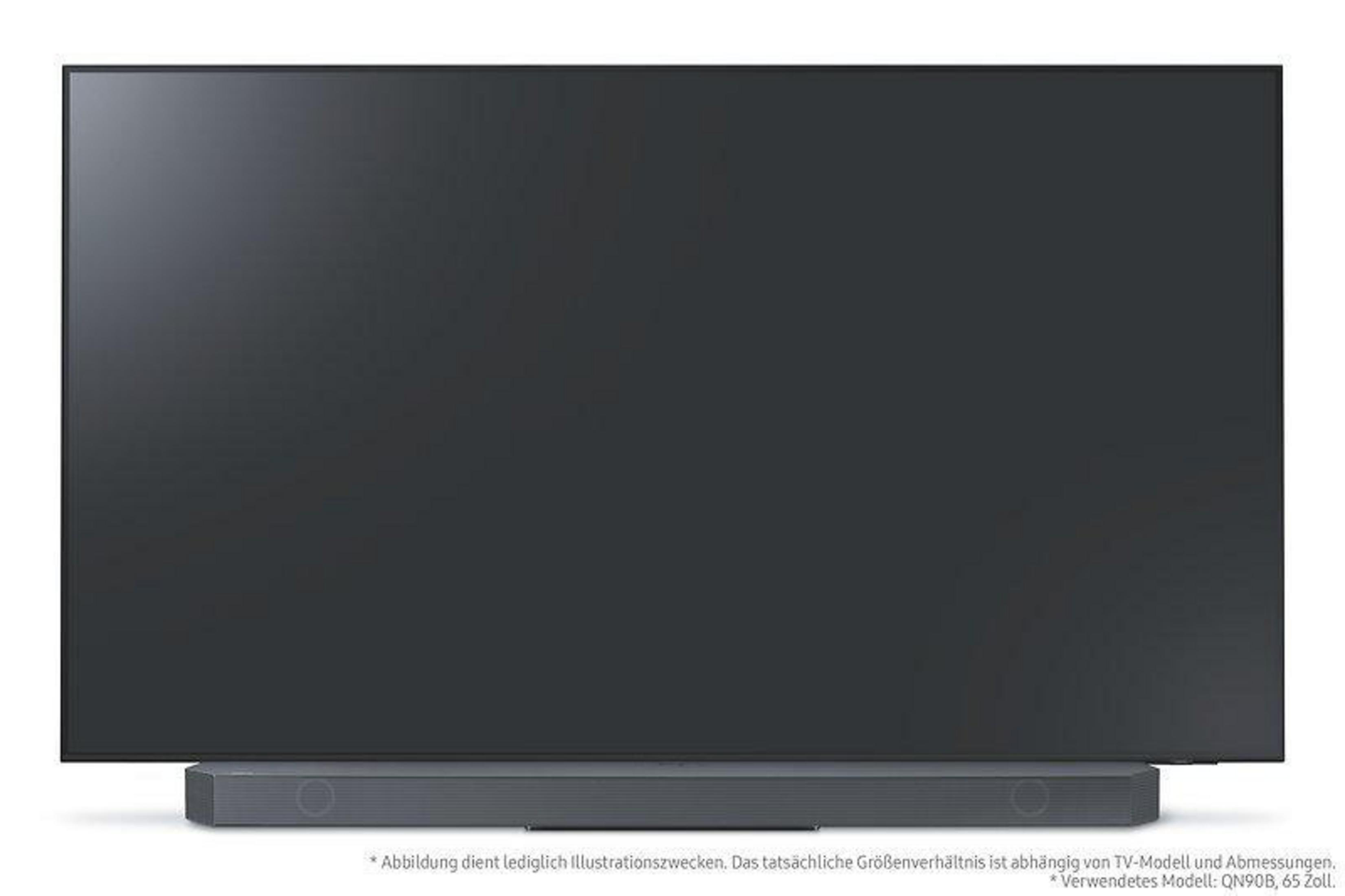 Großer schwarzer Fernseher mit Soundbar unten. Weißer Hintergrund.