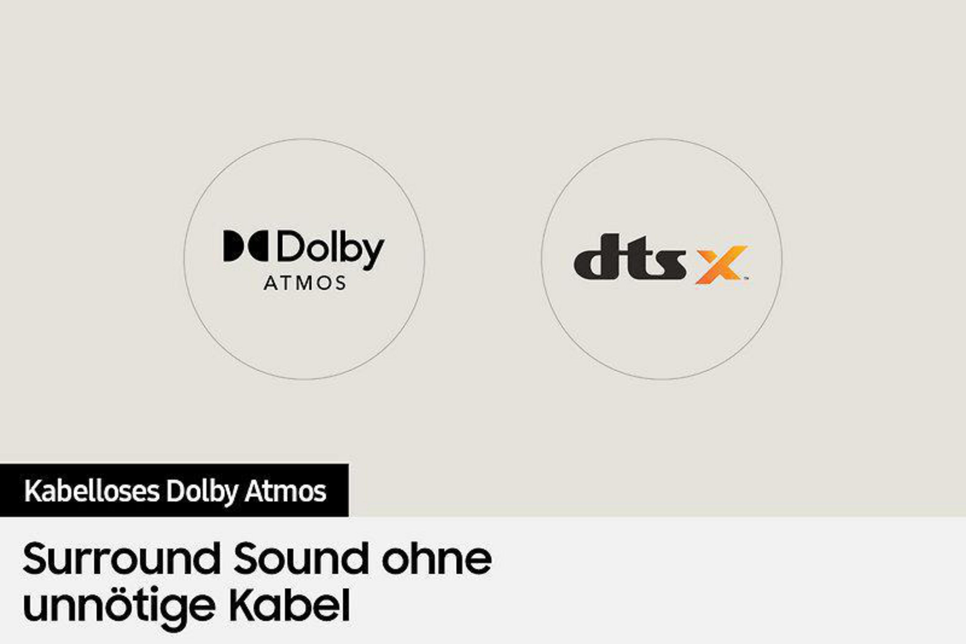 Dolby Atmos und DTS:X Logos auf hellbeigem Hintergrund, mit Text zum Surround-Sound.