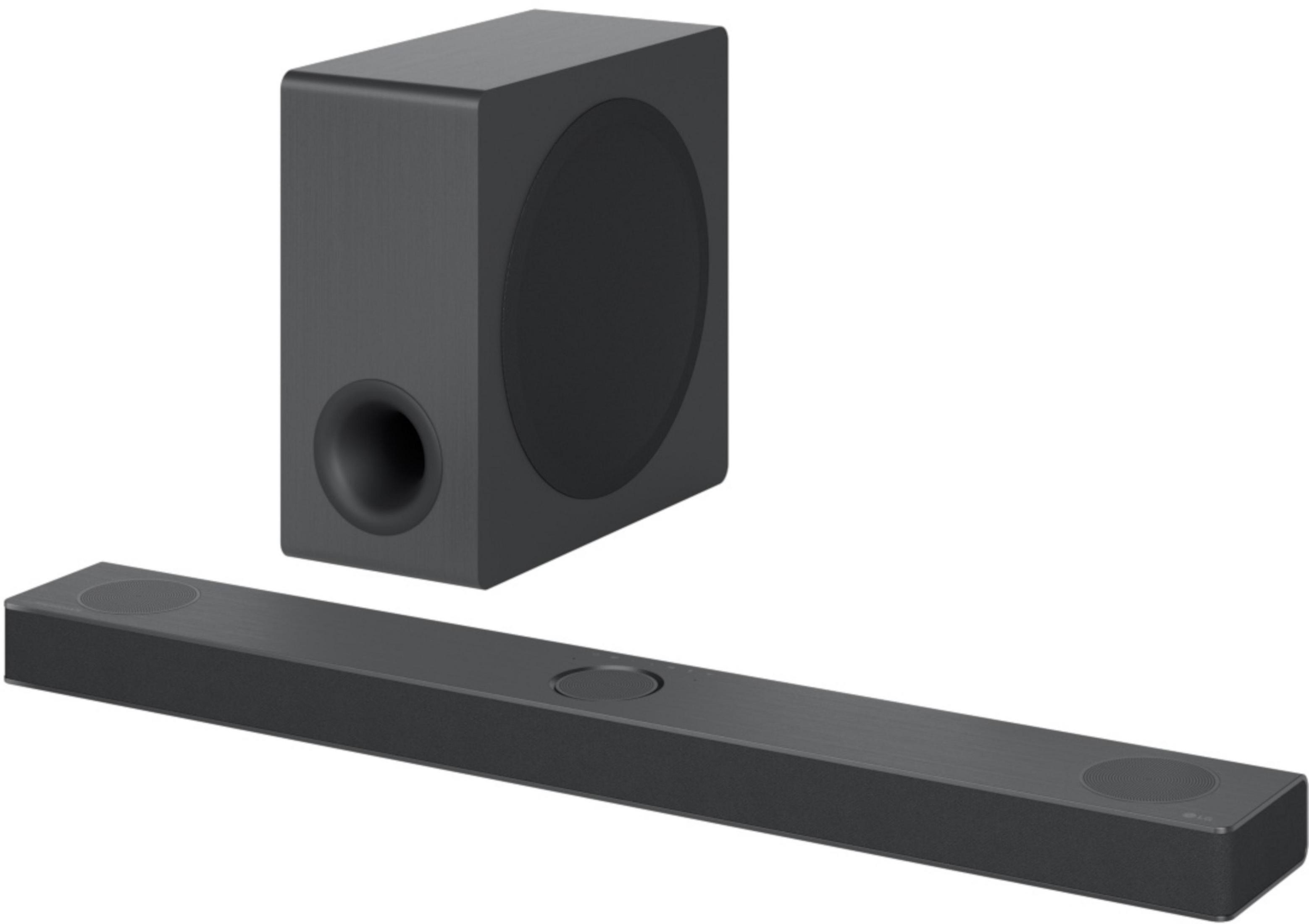 Eine Soundbar mit Subwoofer, beide dunkelgrau, auf weißem Hintergrund.