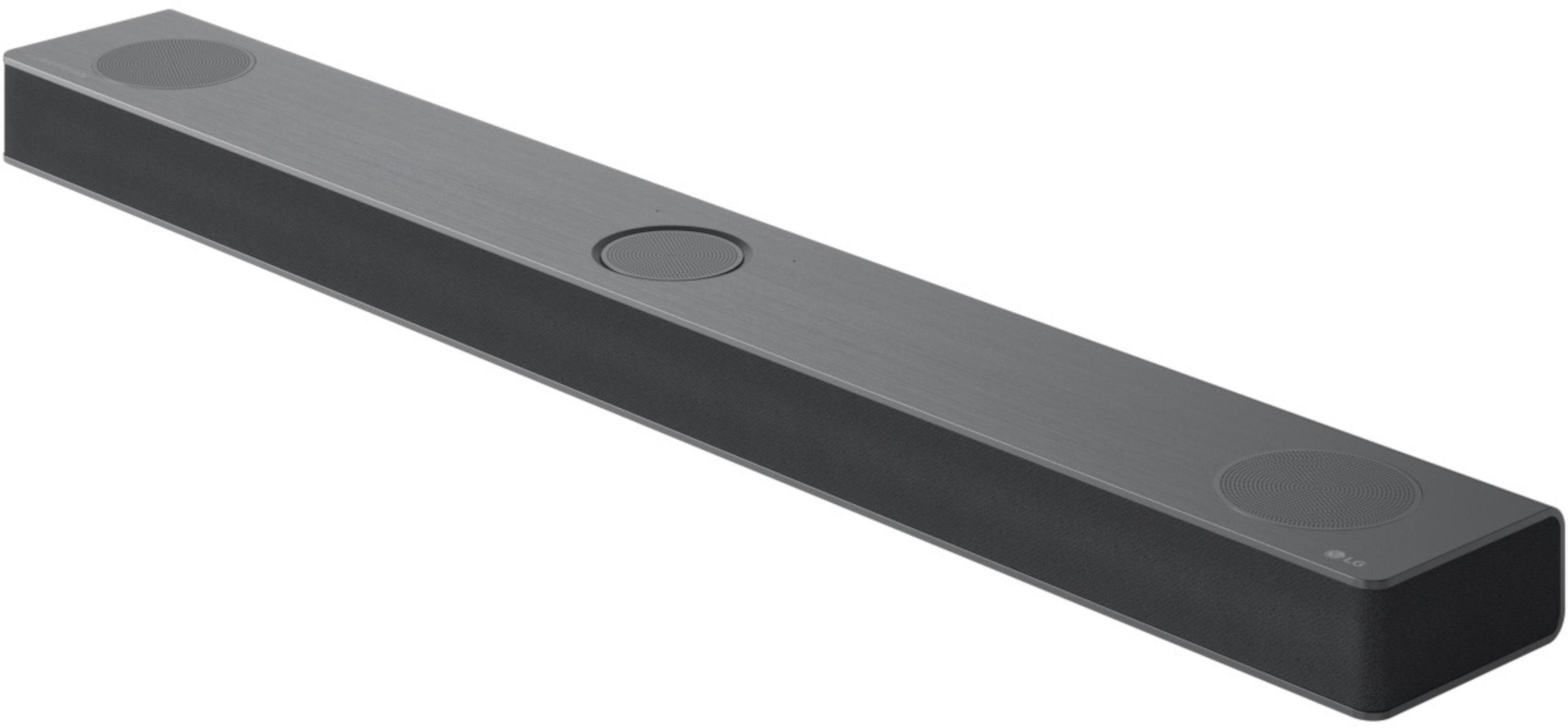 Eine lange, graue Soundbar mit zwei Lautsprechern an den Enden und einem Mittellautsprecher.