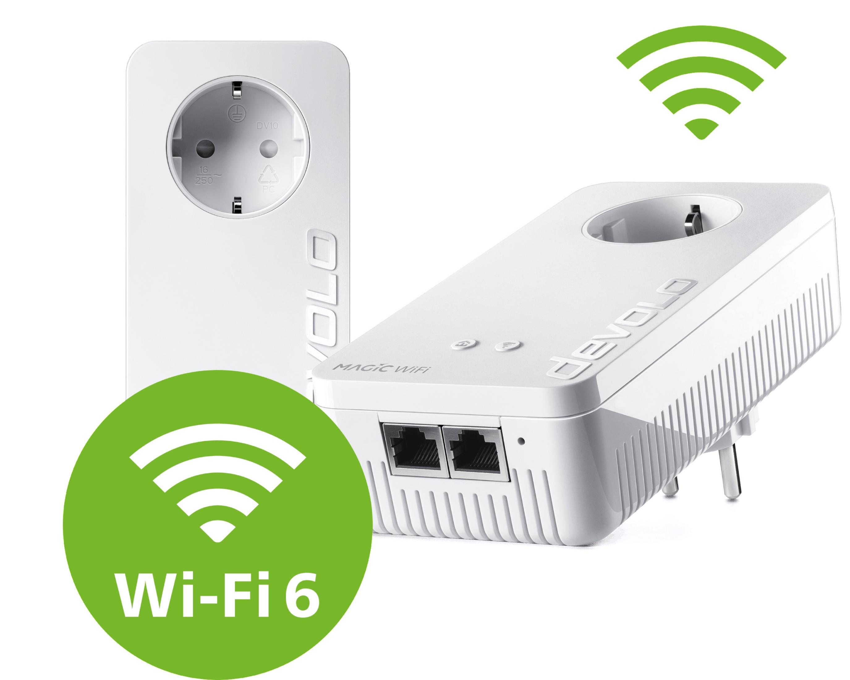 Dwa białe adaptery PLC z logo Wi-Fi 6 i zielonym symbolem Wi-Fi.