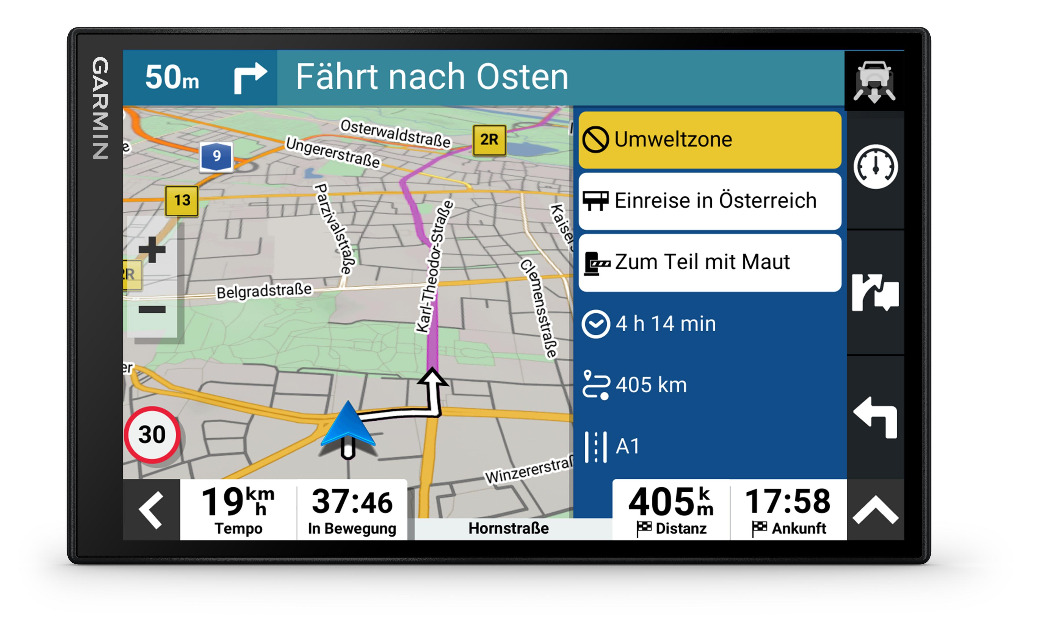 Un dispositivo GPS Garmin muestra un mapa con detalles de ruta e información de navegación.