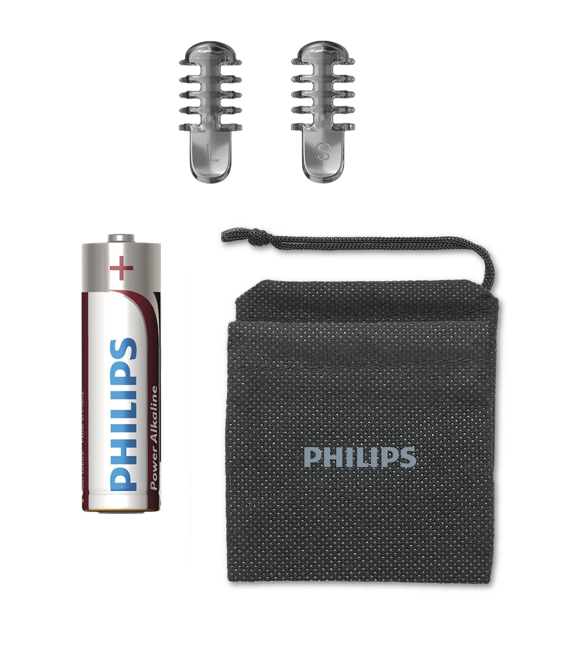 Komponenty: dwie końcówki do aparatu słuchowego, bateria i czarny woreczek z nadrukiem 'PHILIPS'.