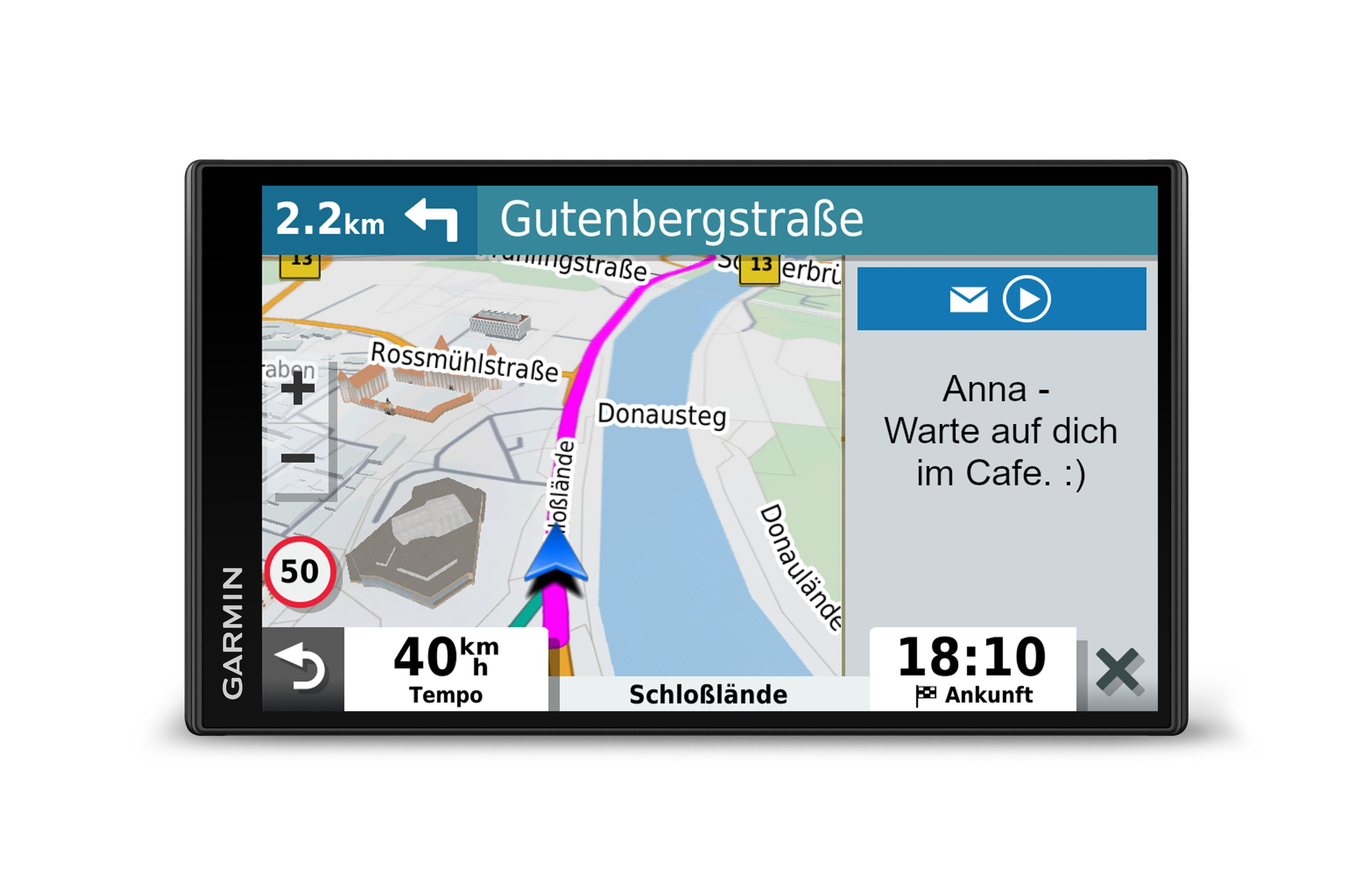 GPS-Navigationsbildschirm mit Karte, Route und Nachricht 'Anna - Warte auf dich im Cafe'.