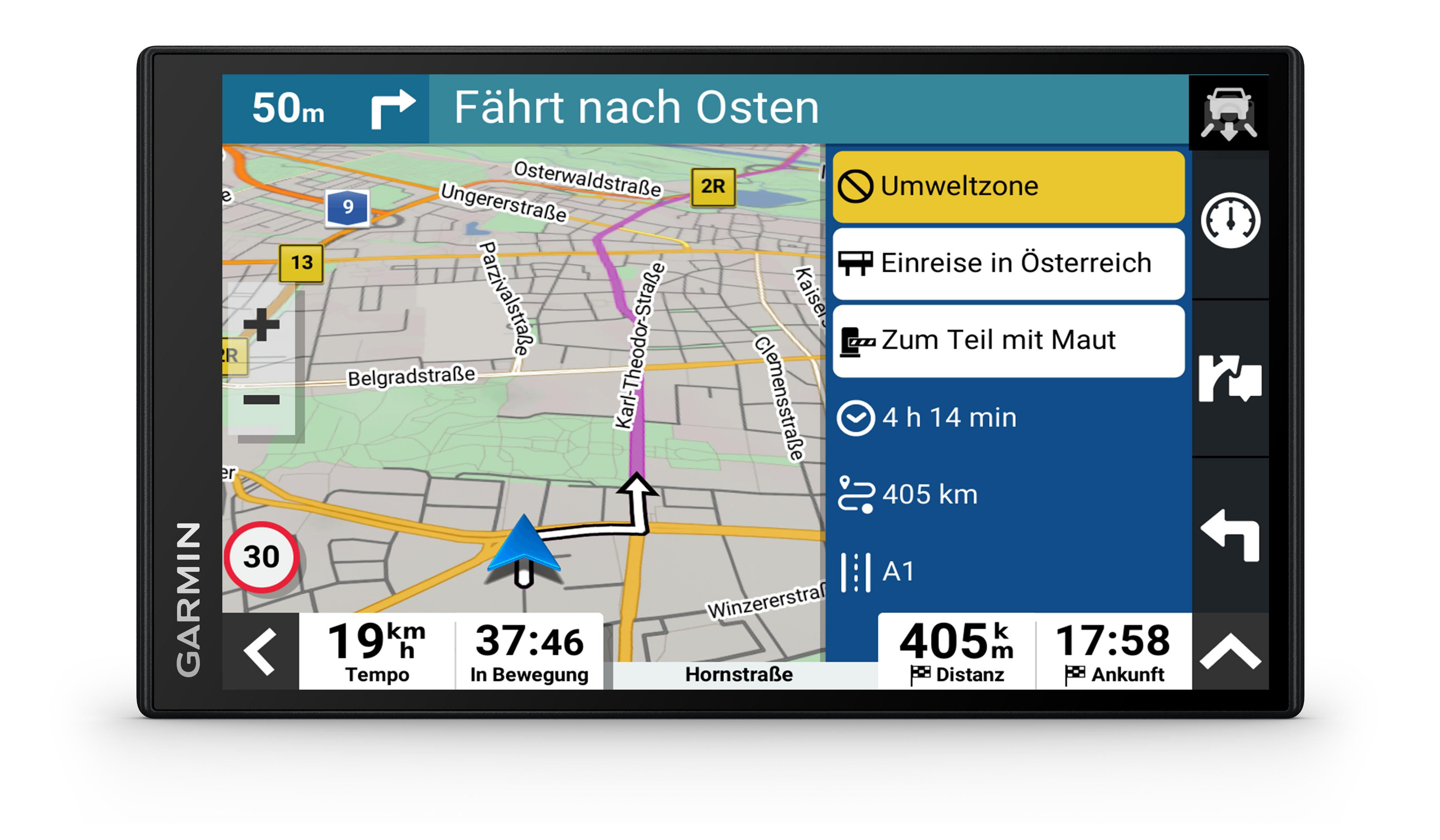 Urządzenie GPS Garmin pokazujące mapę ze szczegółami trasy i otaczającymi informacjami.