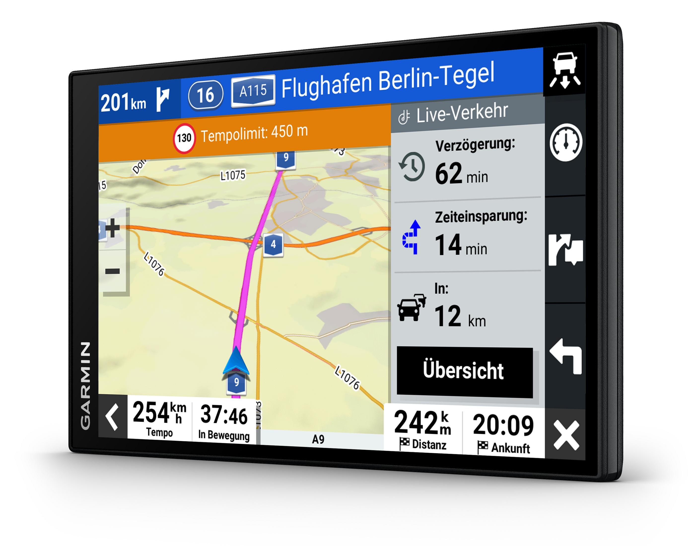 Urządzenie GPS Garmin pokazujące mapę i wskazówki. Wyświetla szacowany czas, dystans i informacje o ruchu drogowym.