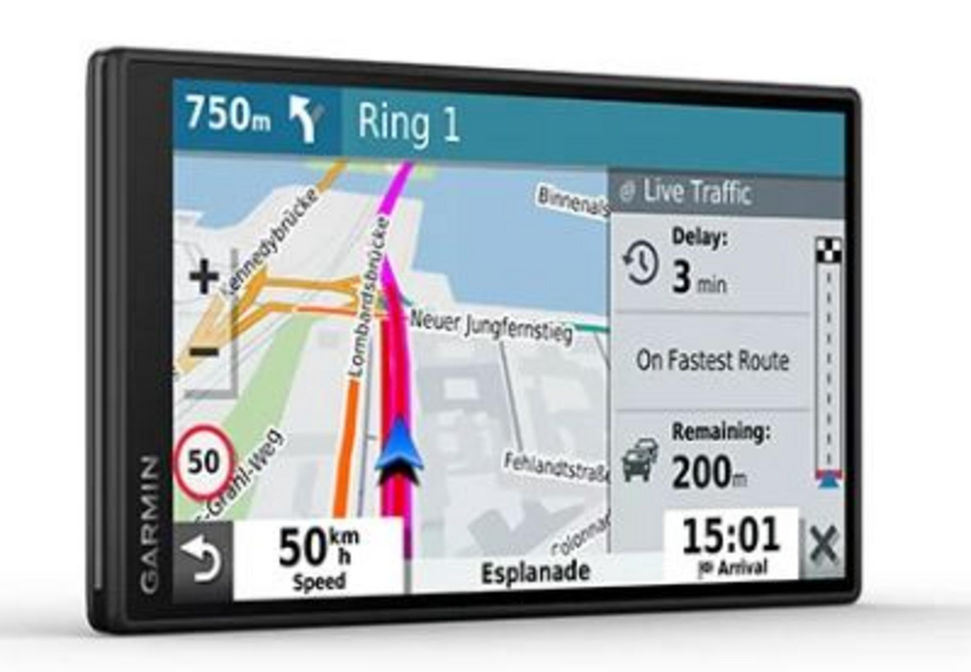GPS-Gerät, das eine Karte mit Route und Echtzeit-Verkehrsinformationen zeigt. Nahaufnahme.