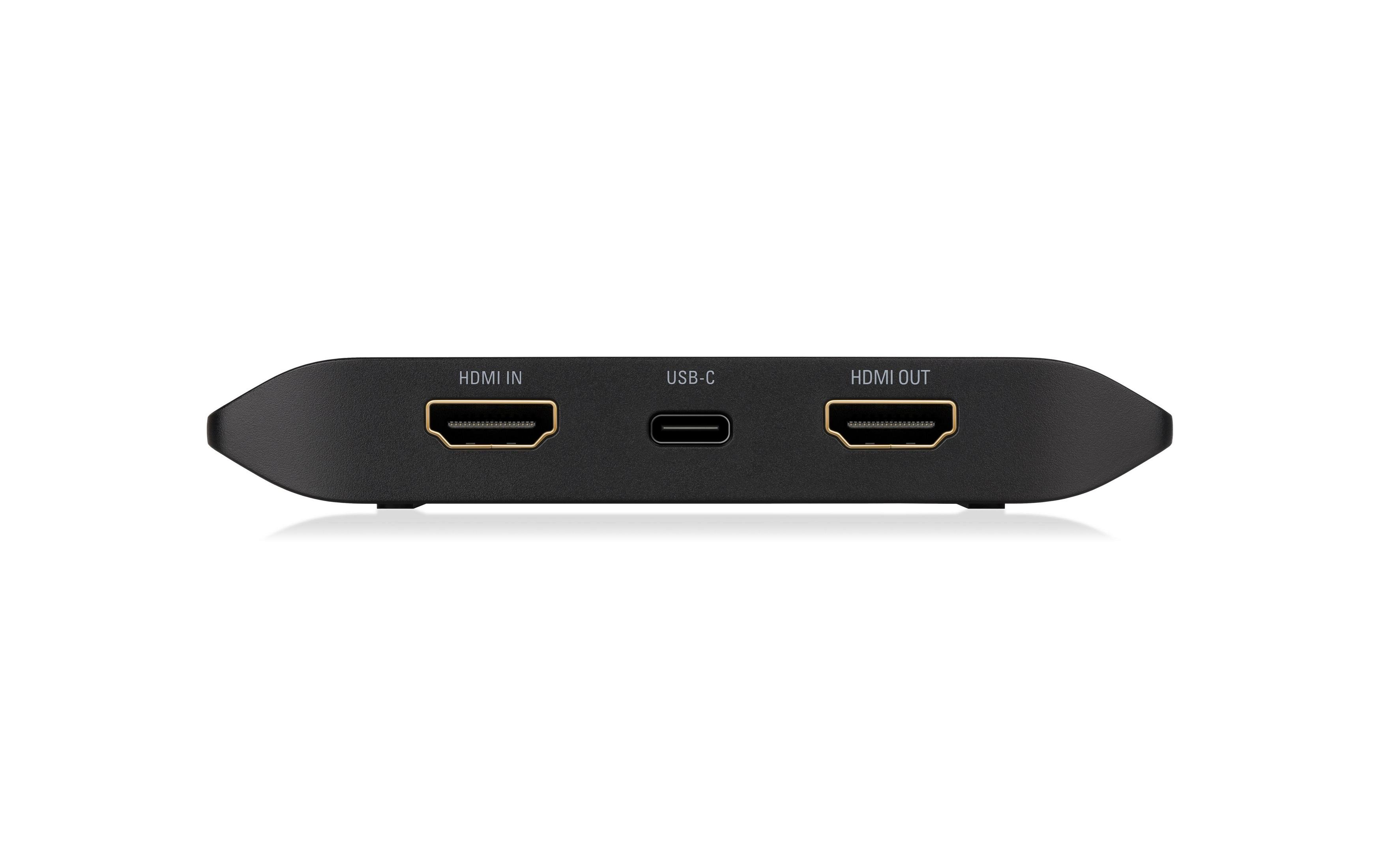 Czarny koncentrator HDMI z portami HDMI IN, USB-C i HDMI OUT.