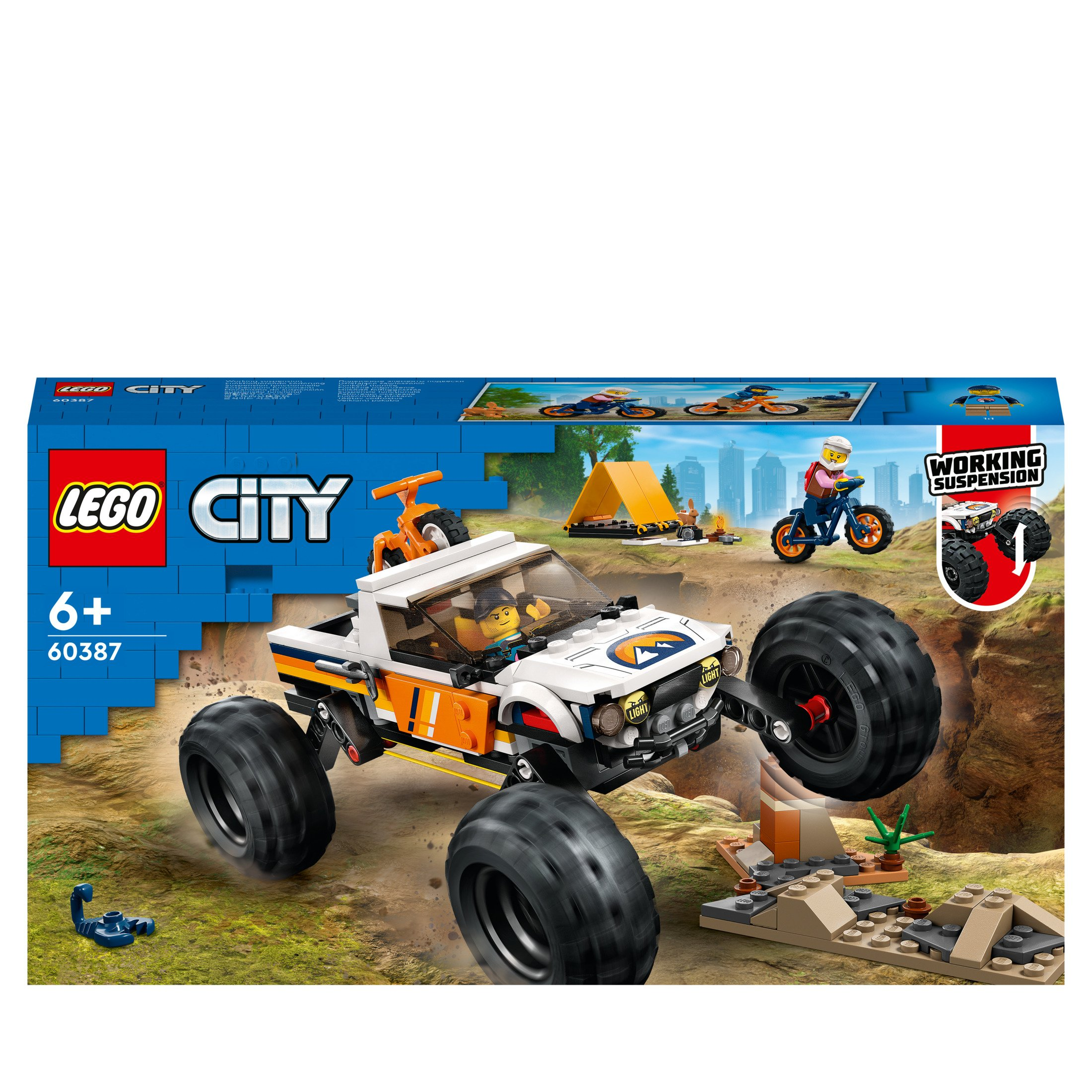 Caja de Lego City con un monster truck y otros vehículos.