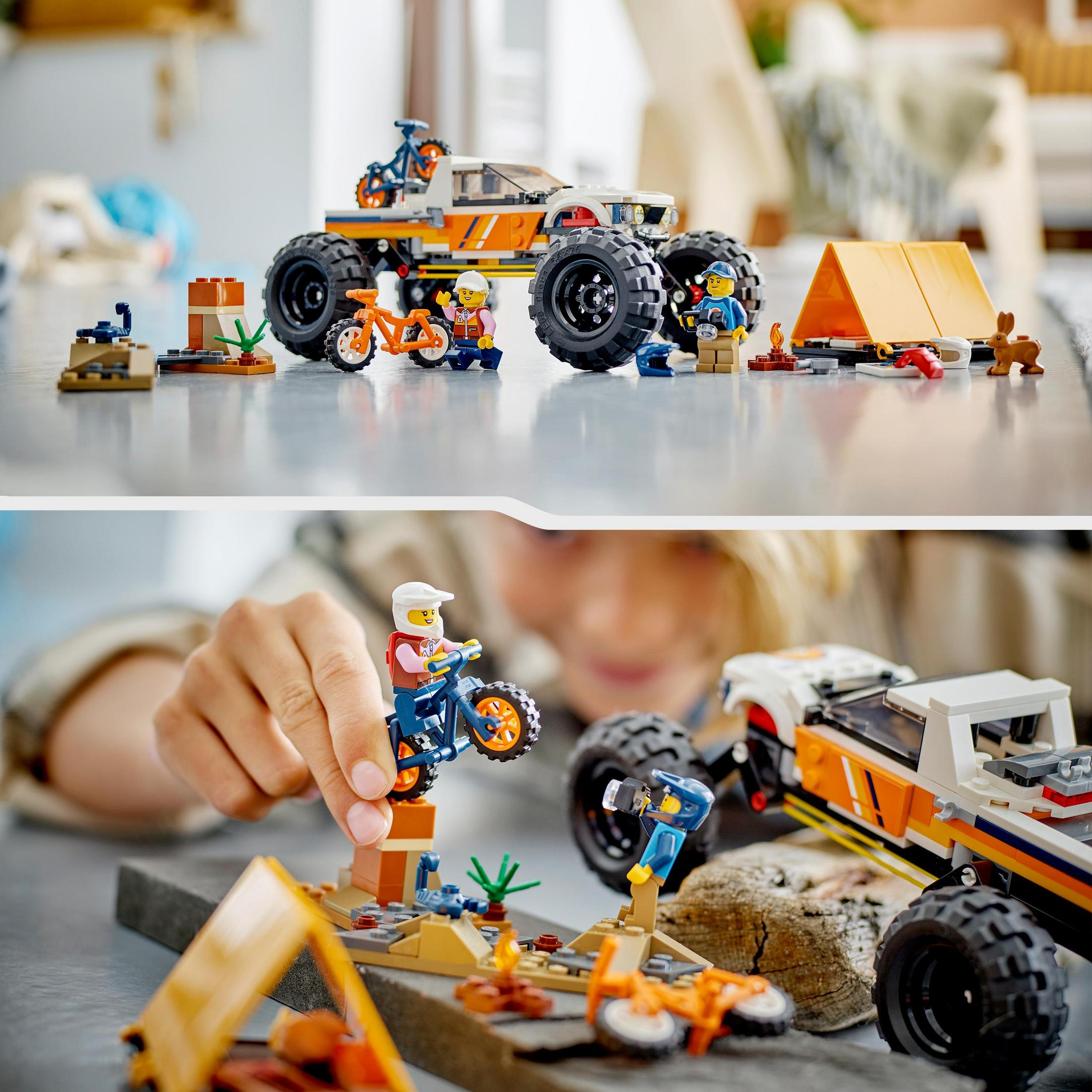 Set de LEGO con un camión monstruo, tienda de campaña y minifiguras. Un niño está jugando con el set.