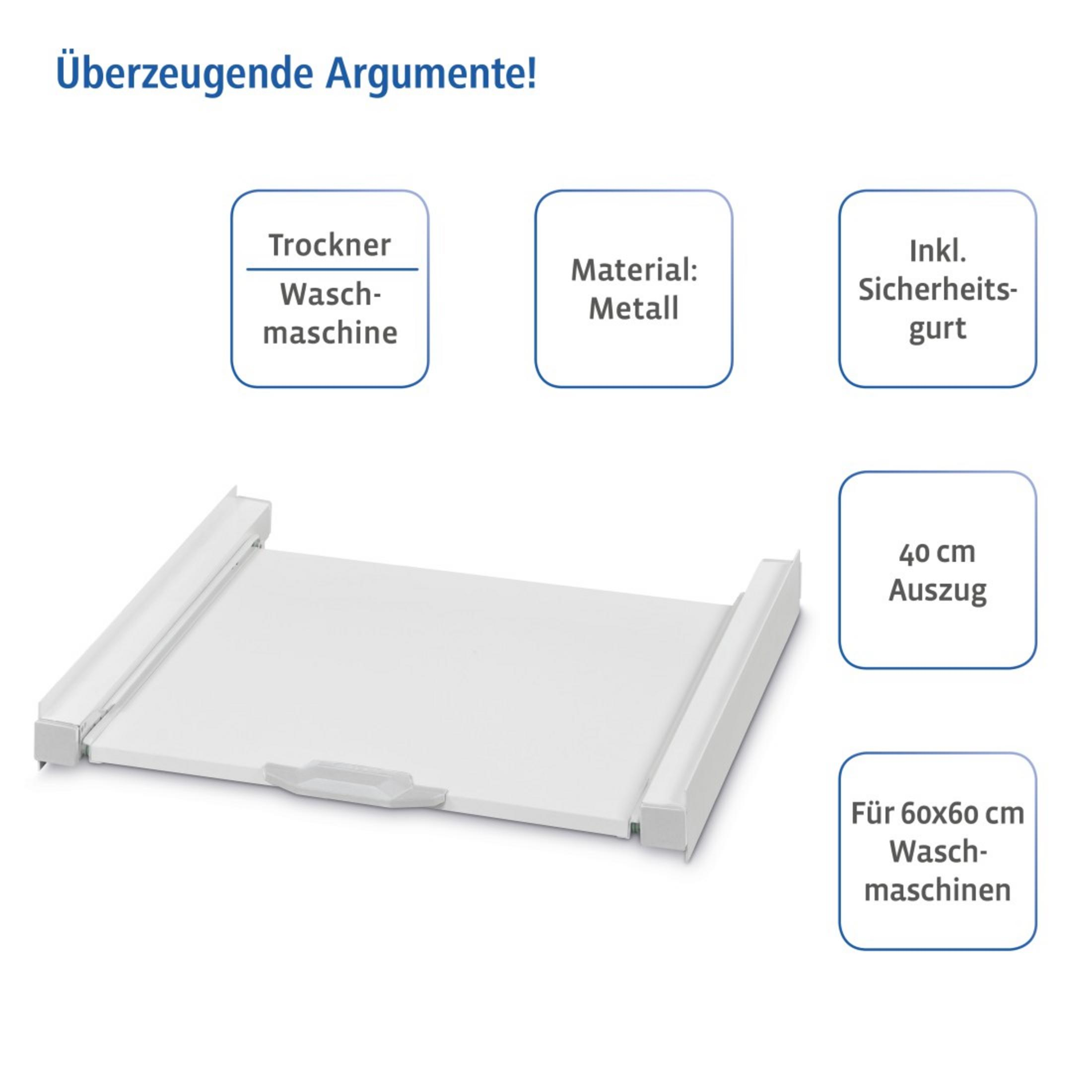 Weißes Schiebe-Tablett mit Etiketten und Symbolen. Text enthält: Trockner, Metall, Sicherheitsgurt, 40cm Auszug.