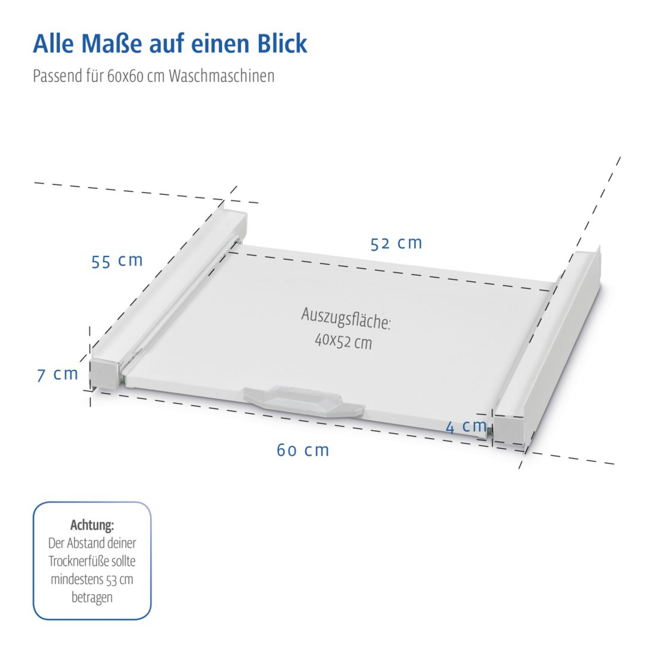 Weißer Schubladenauszug mit Maßangaben. Zeigt einen weißen Schubladenauszug mit Griff und Maßen in cm.