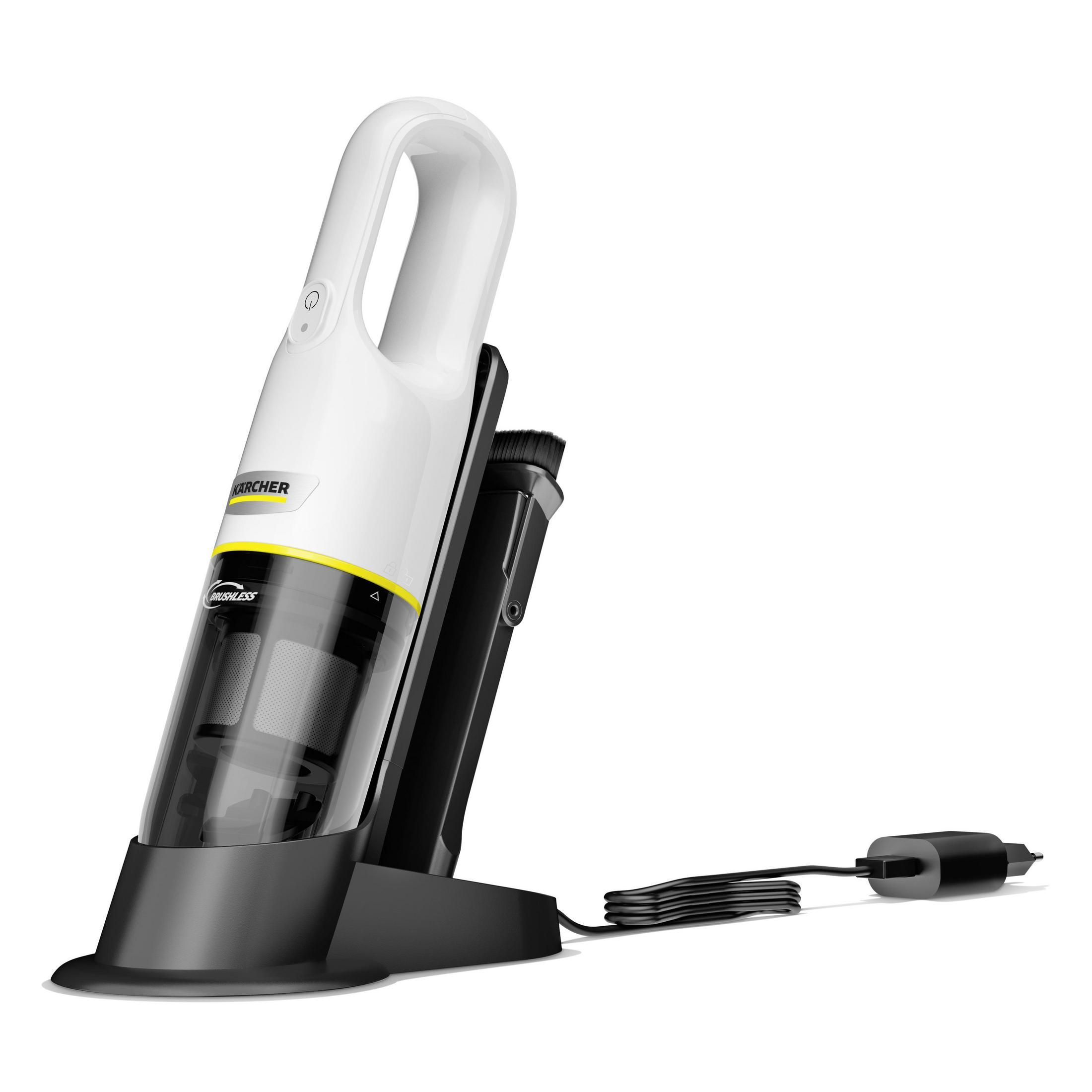 Aspirapolvere portatile Kärcher bianco e nero sulla sua base di ricarica e un cavo nero.