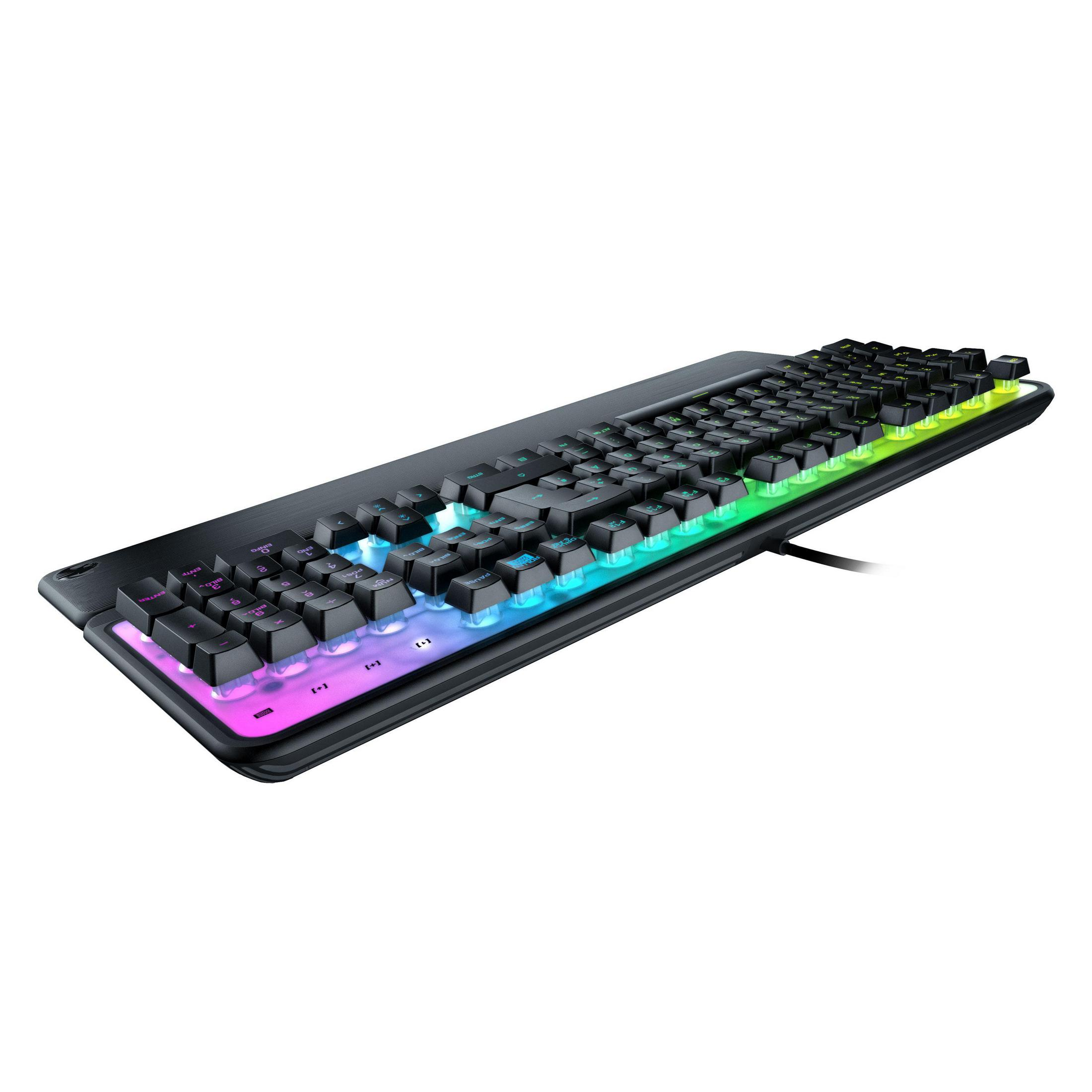 Schwarze Gaming-Tastatur mit regenbogenfarbenen Tasten, schräge Ansicht.