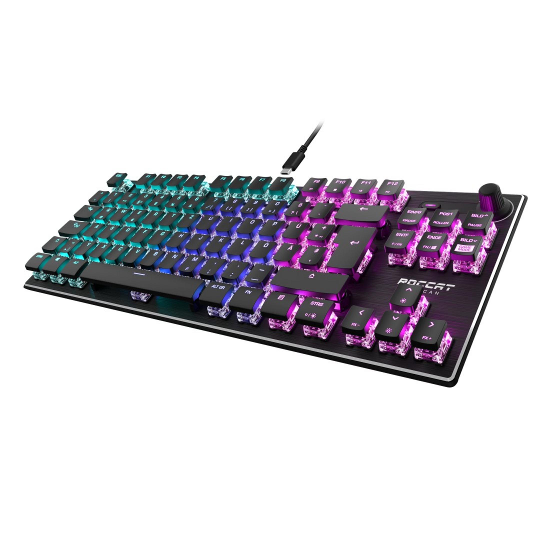 Podświetlana klawiatura mechaniczna, z kolorowymi klawiszami i podłączonym kablem USB.