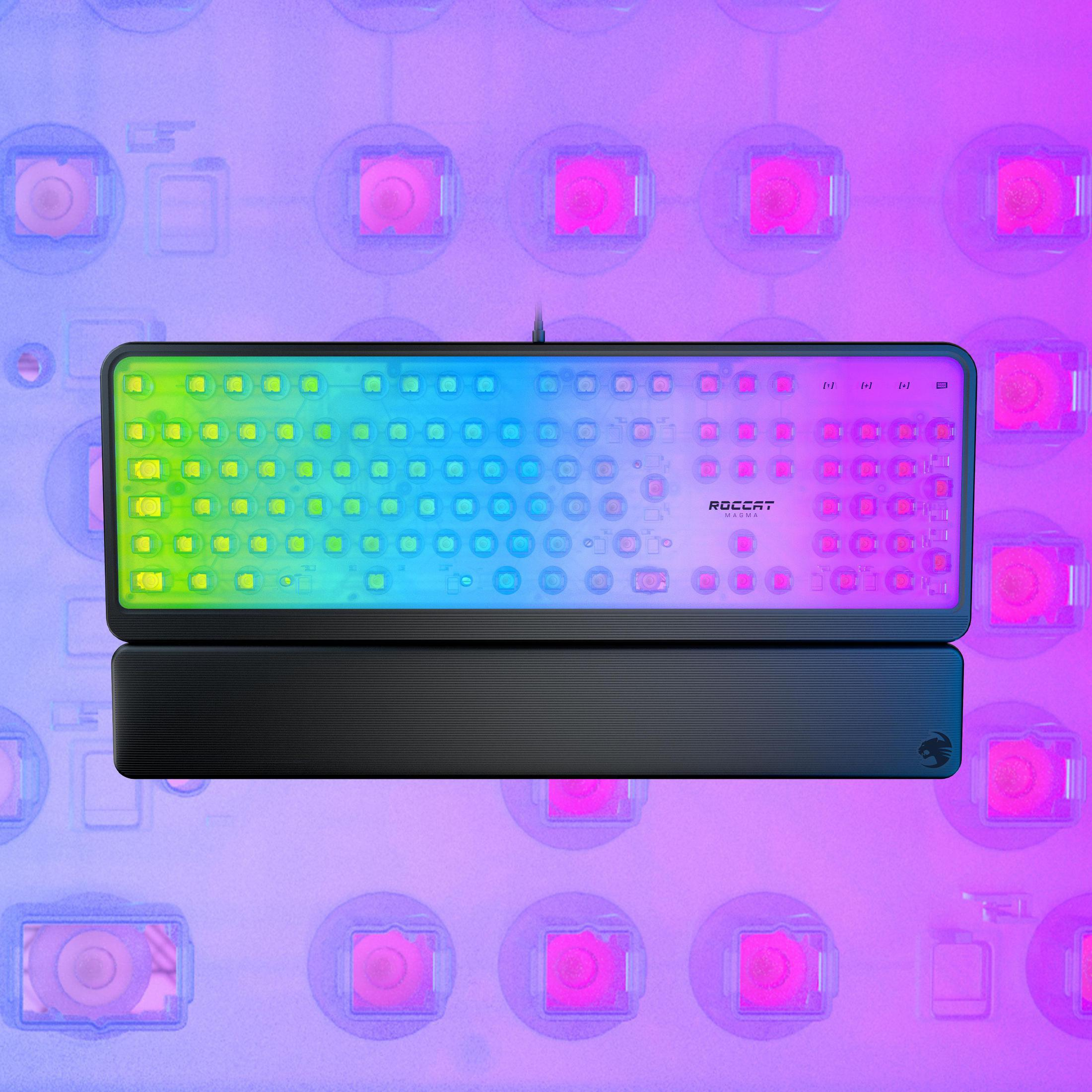 Eine Tastatur mit farbenfroher RGB-Beleuchtung und dem ROCCAT-Logo.