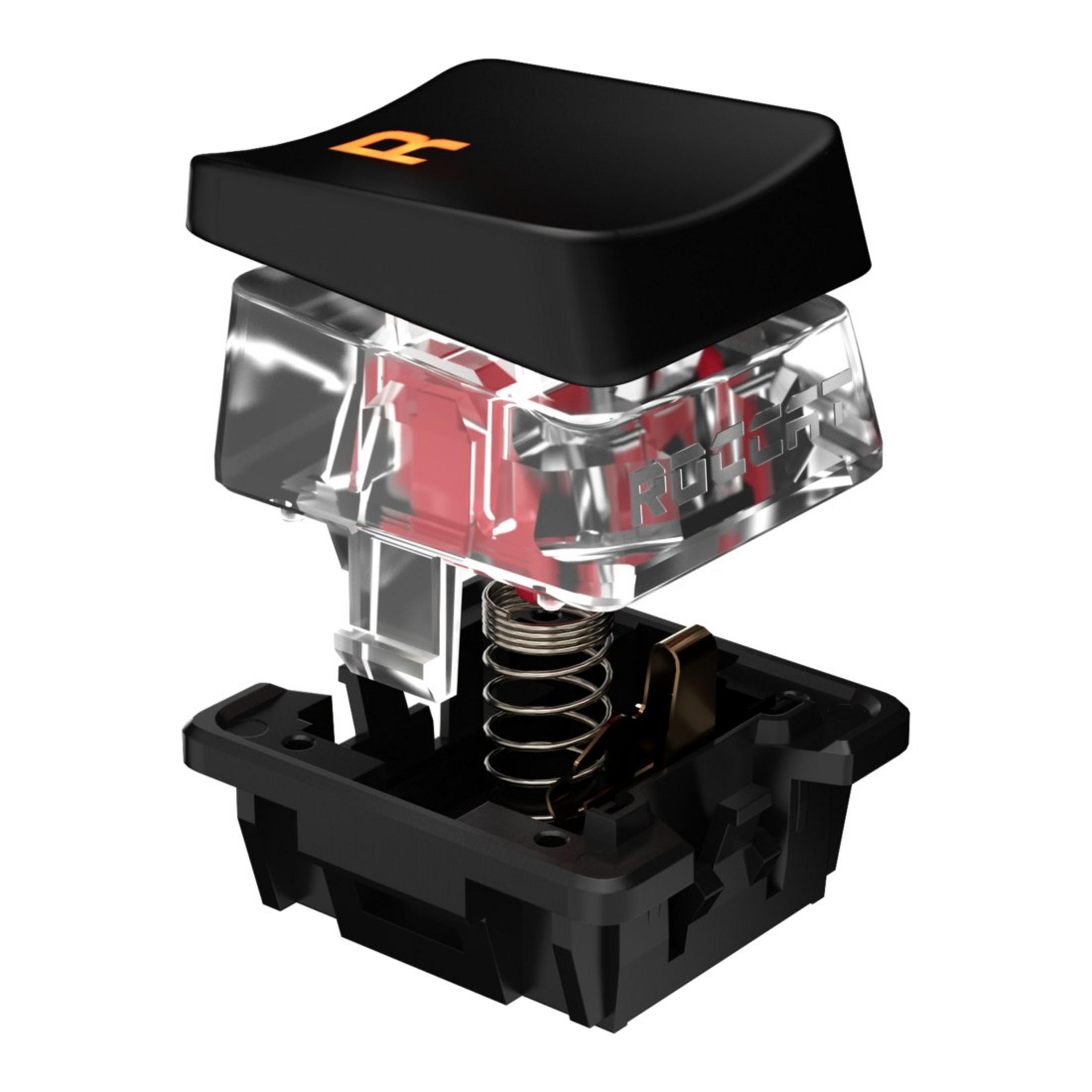 Widok rozłożony przełącznika klawiatury mechanicznej, ujawniający komponenty. Klawisz jest czarny.